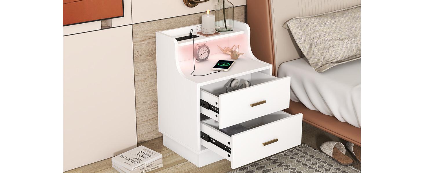 Multifunctional Nightstand with 2 Drawers, Shelf with USB Charging Design and Color-Changing LED, White