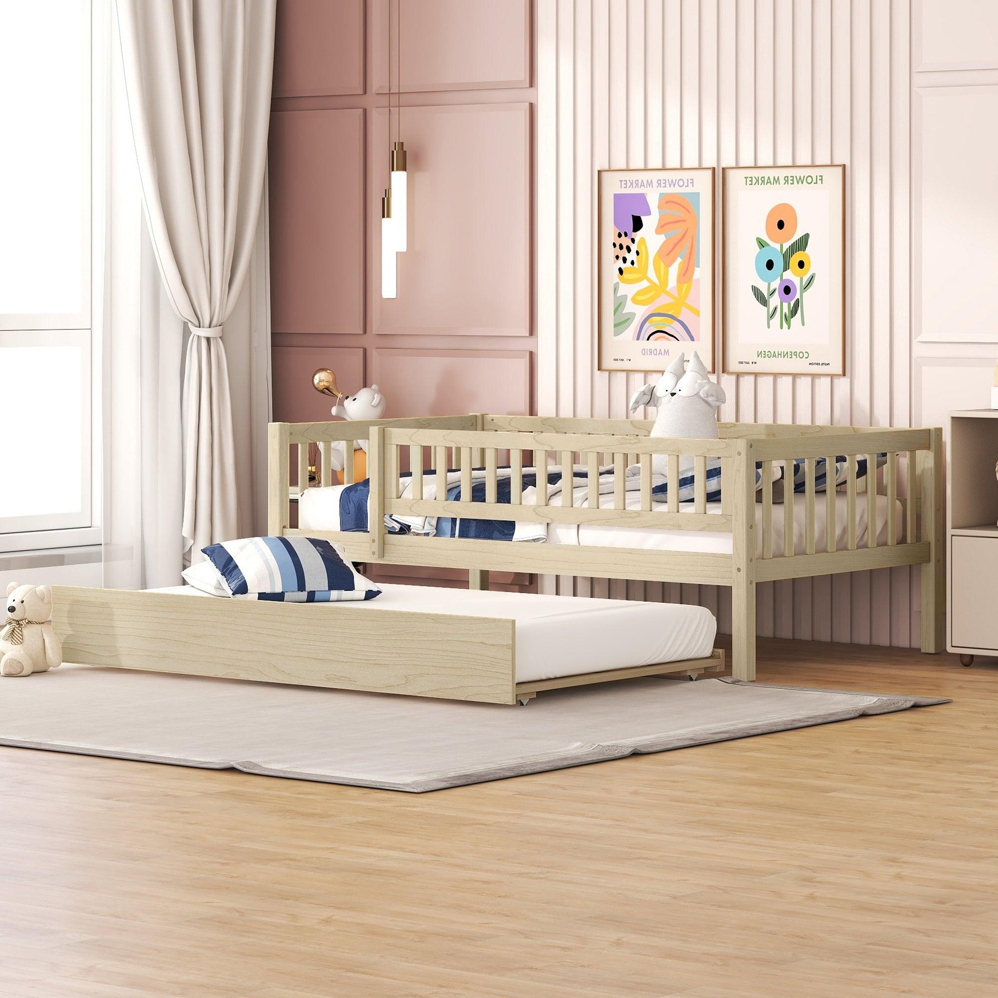 Twin Size Wood Daybed with Trundle and Fence Guardrails, Natural image