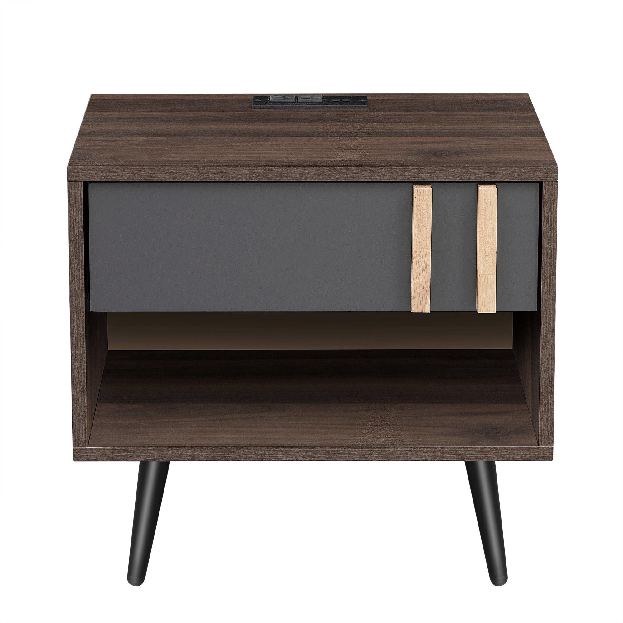 Wooden Nightstand with USB Charging Ports，End Table for Bedroom,Gray+Walnut