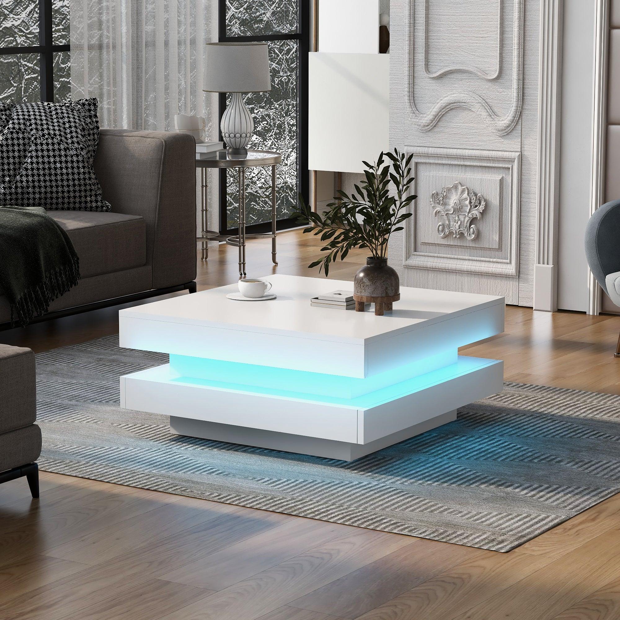 High Gloss Minimalist Design with plug-in 16-color LED Lights, 2-Tier Square Coffee Table, Center Table for Living Room, 31.5”x31.5”x14.2”, White image