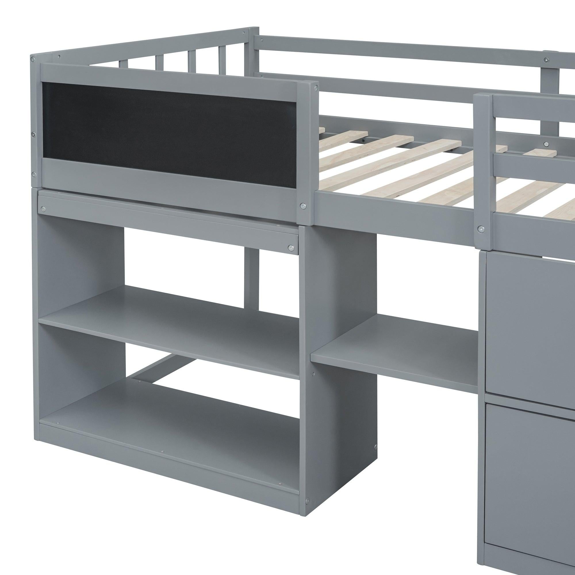 Twin Size Low Loft Bed with Rolling Desk, Shelf and Drawers - Gray