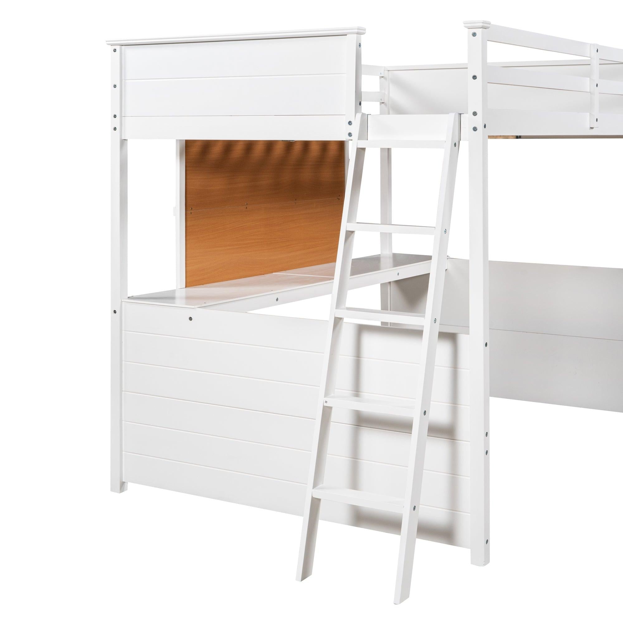 Full size Loft Bed with Desk and Writing Board, Wooden Loft Bed with Desk - White