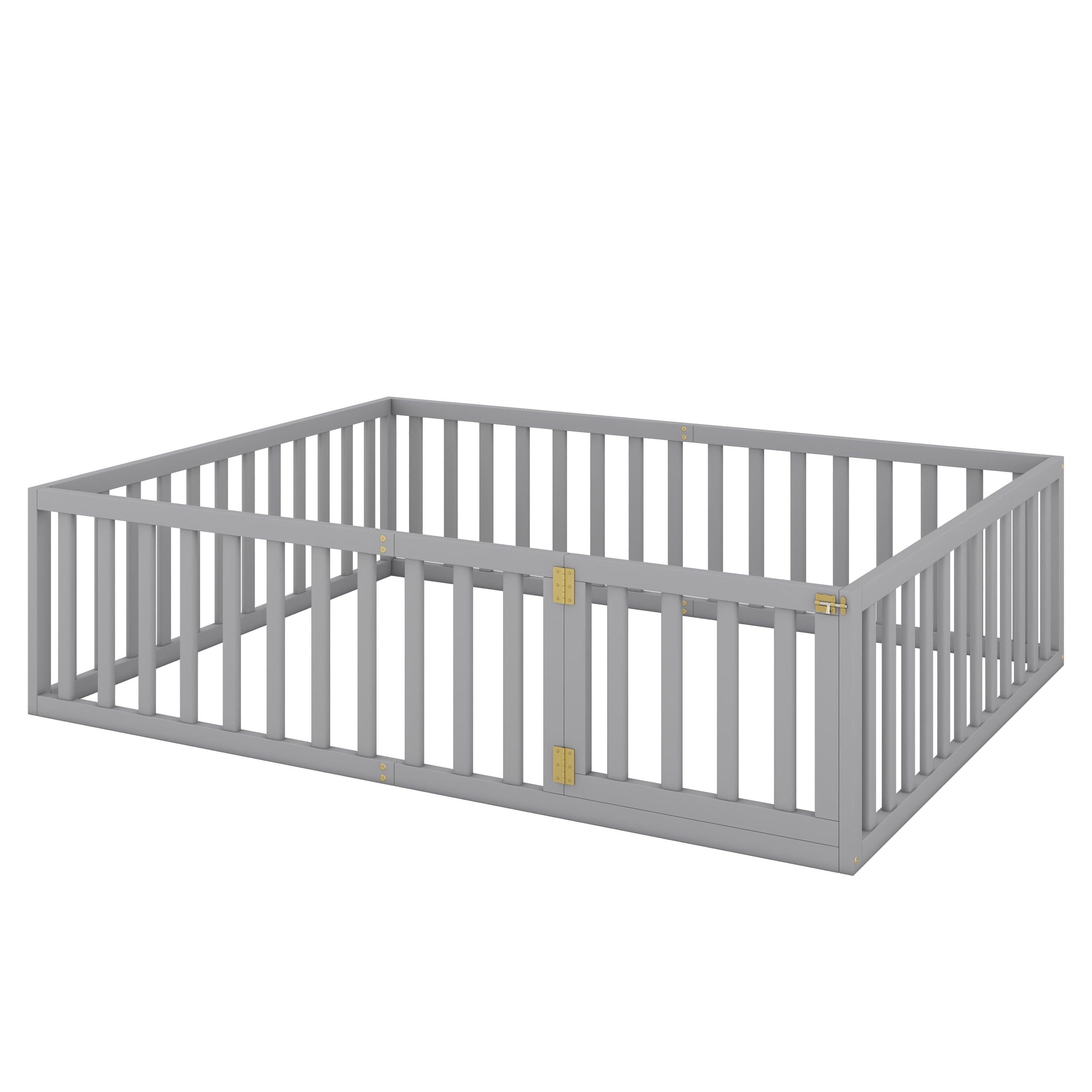 Queen Size Wood Floor Bed Frame with Fence and Door, Gray