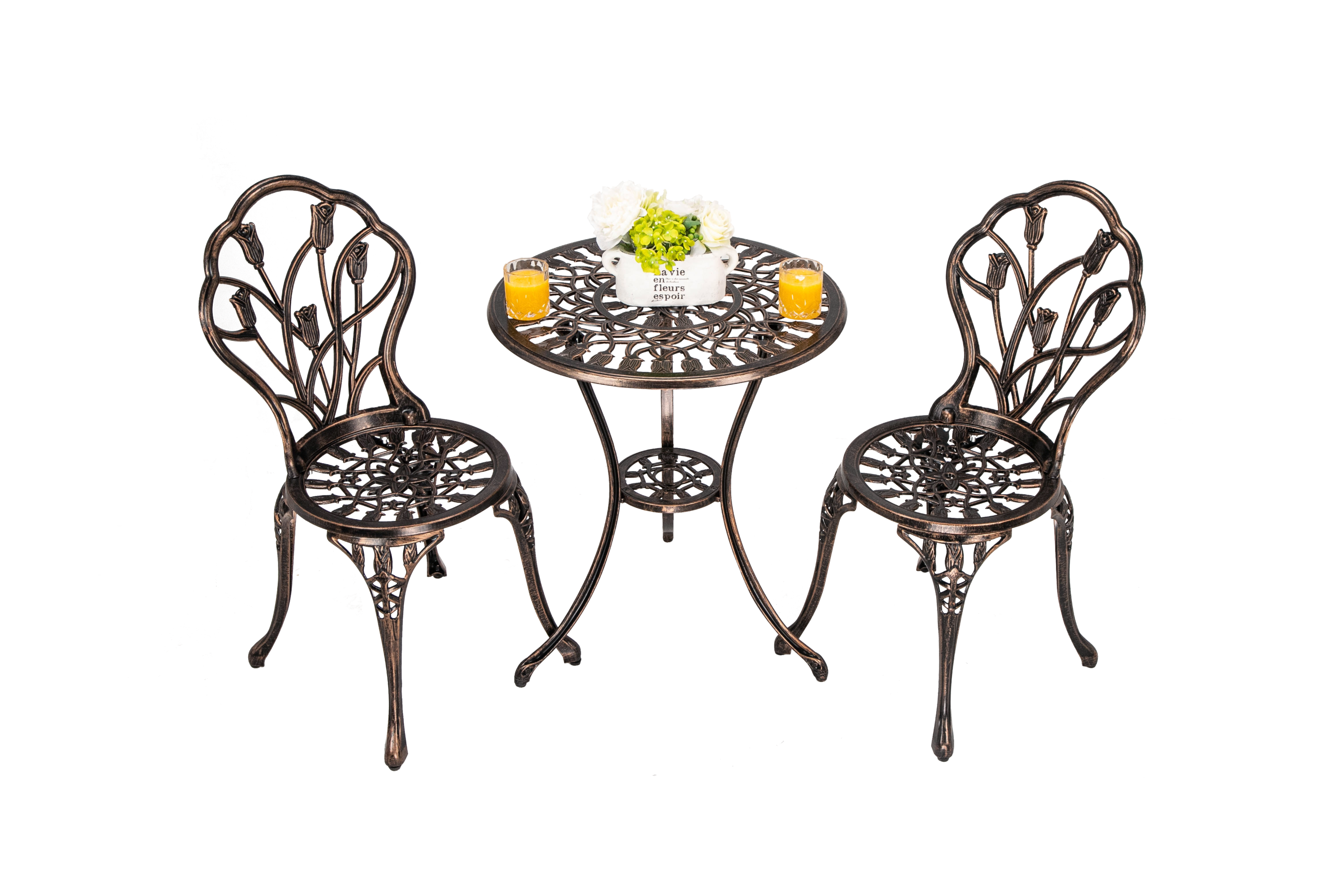 Bistro Table Set, Outdoor Patio Set 3 Piece Table and Chairs, Tulip Carving and Weather Resistant-Antique Bronze image