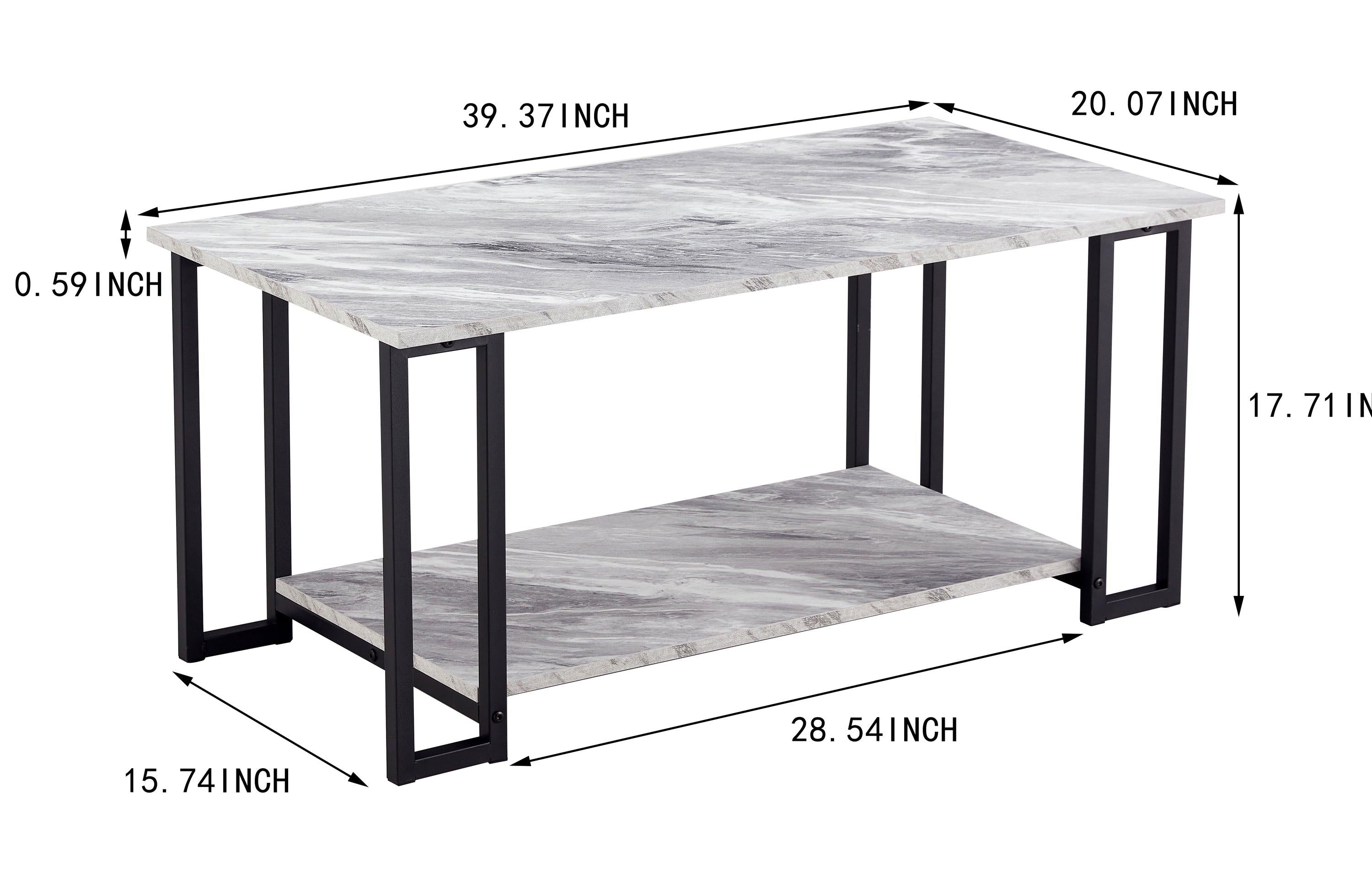 Coffee Table, 2 Layers 1.5cm Thick Marble MDF Rectangle 39.37" L Tabletop Iron Coffee Table , Dining Room,  GREY Top, BLACK Leg