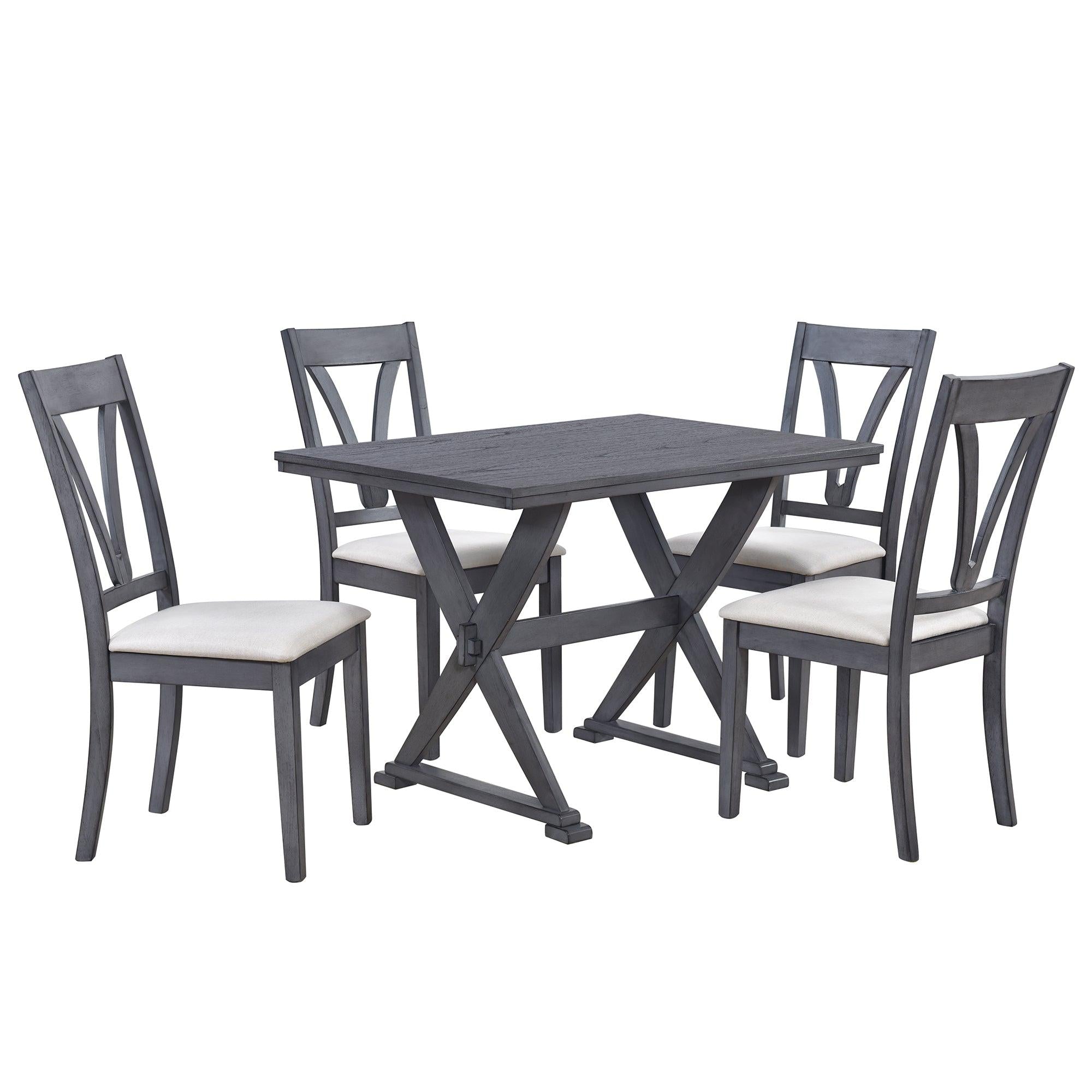 Mid-Century Wood 5-Piece Dining Table Set with 4 Upholstered Dining Chairs for Small Places, Antique Grey