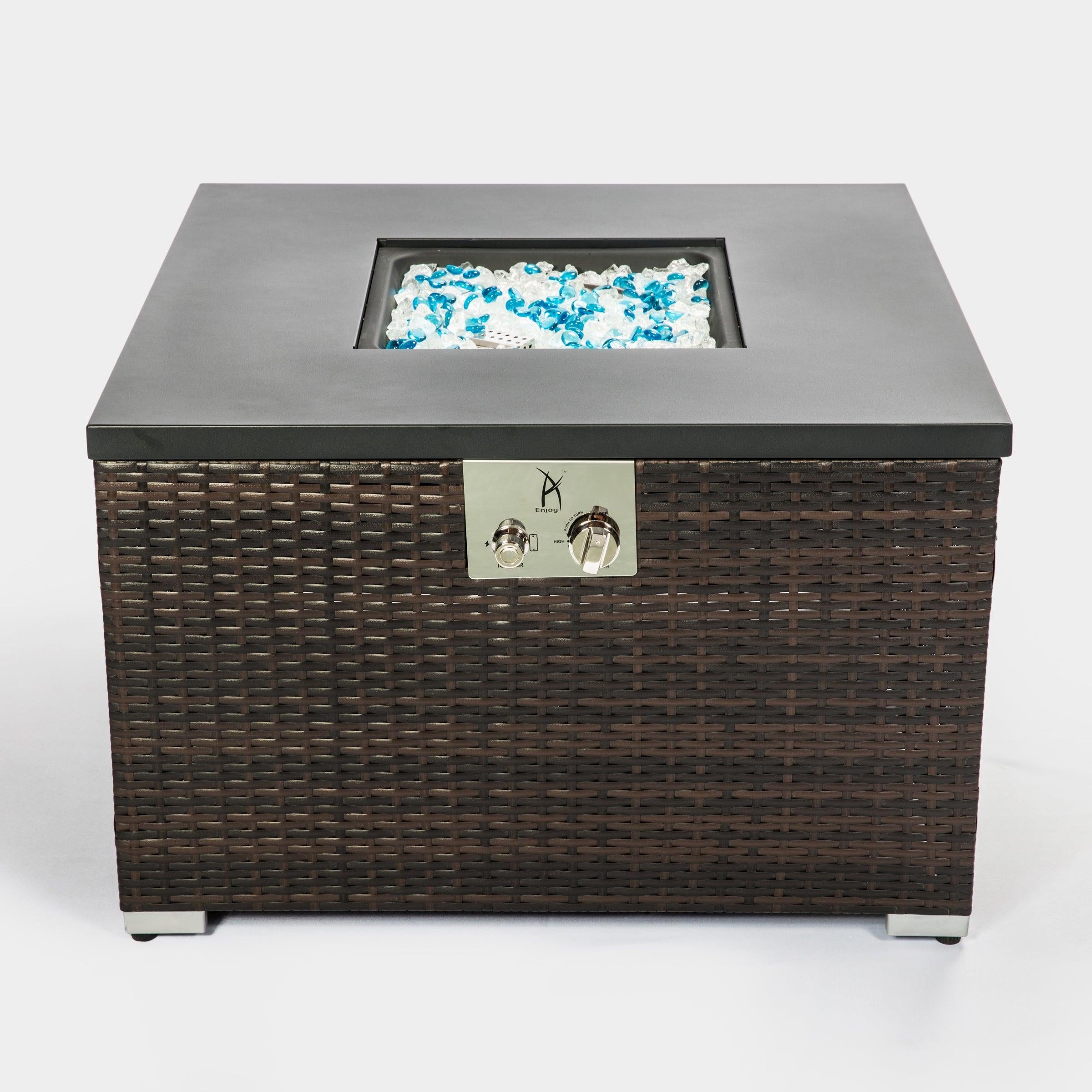 Outdoor Gas Fire Pit  Square Dark Brown Wicker Fire Pit Table Propane Fire Table with Glass Rocks