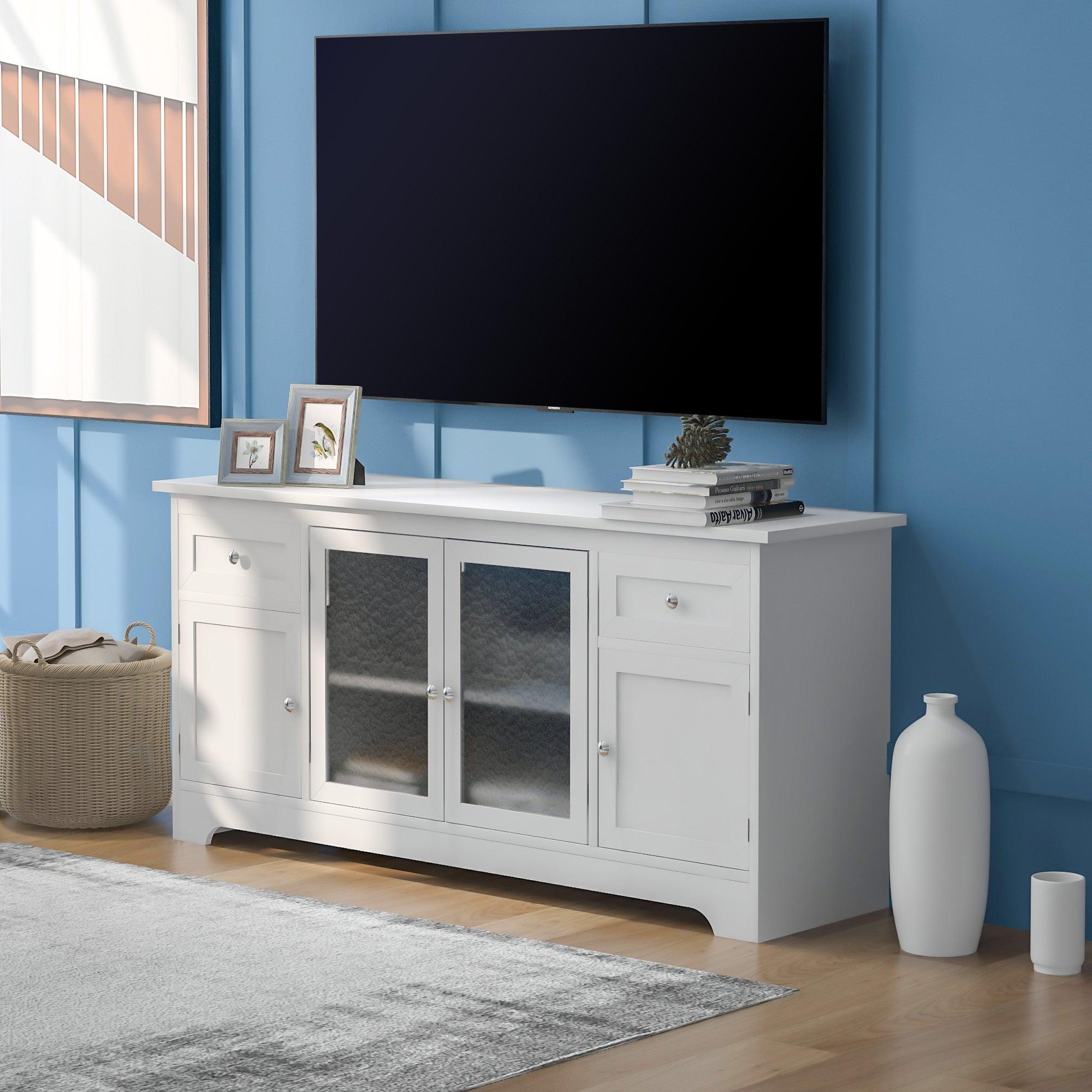 TV Stand for TV up to 65in with 4 Doors Adjustable Panels Open Style Cabinet, Sideboard for Living room, White image