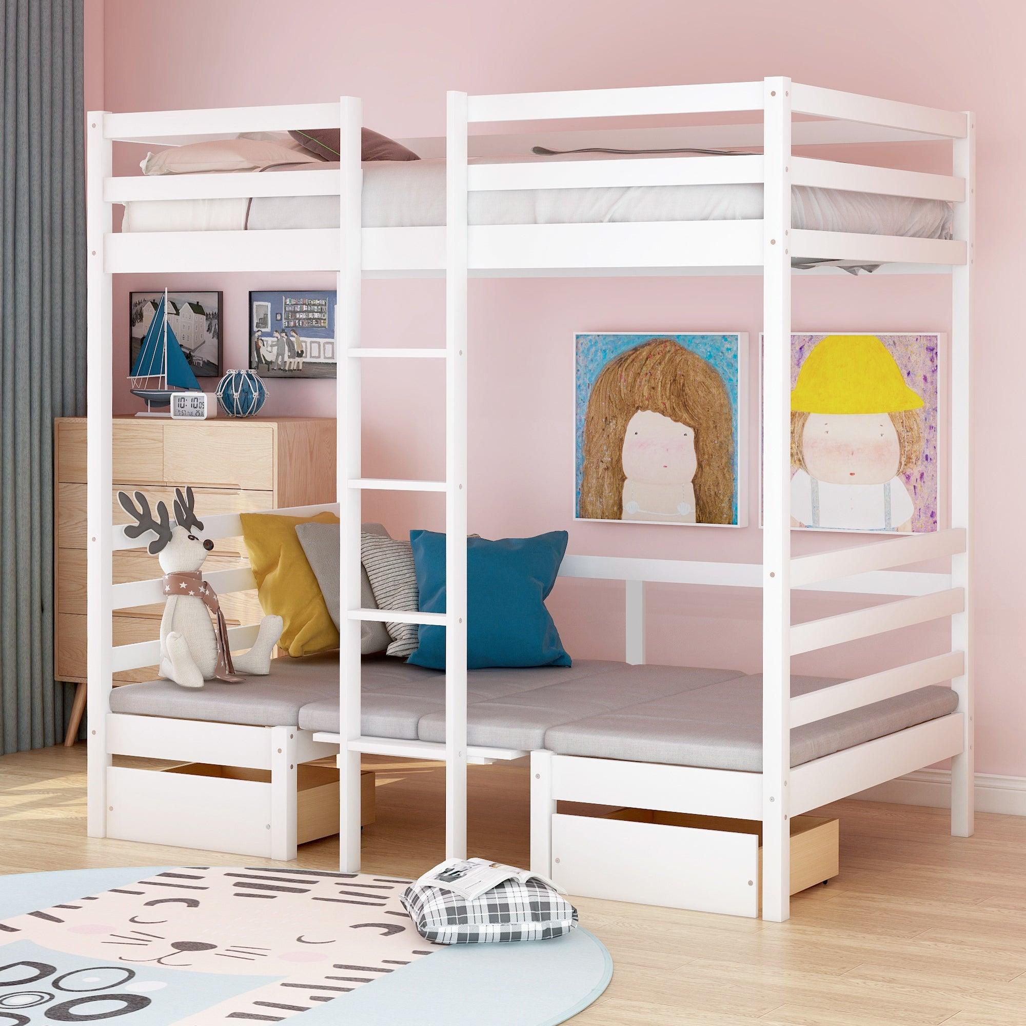 Functional Loft Bed (turn into upper bed and down desk，cushion sets are free),Twin Size,White