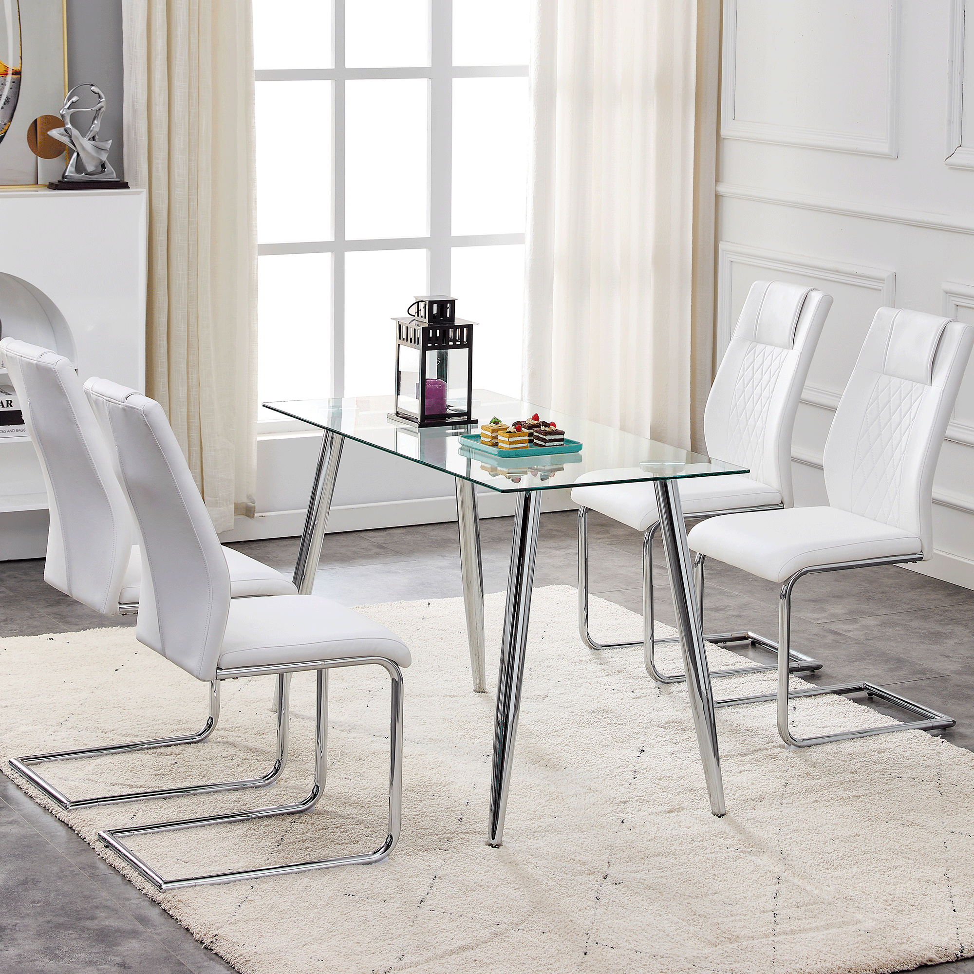 Glass  Dining TableModern Minimalist Rectangular for 4-6 with 0.31" Tempered Glass Tabletop and Silver Chrome Metal Legs, Writing Table Desk, for Kitchen Dining Living Room, 46" W x 23"D x 30" H