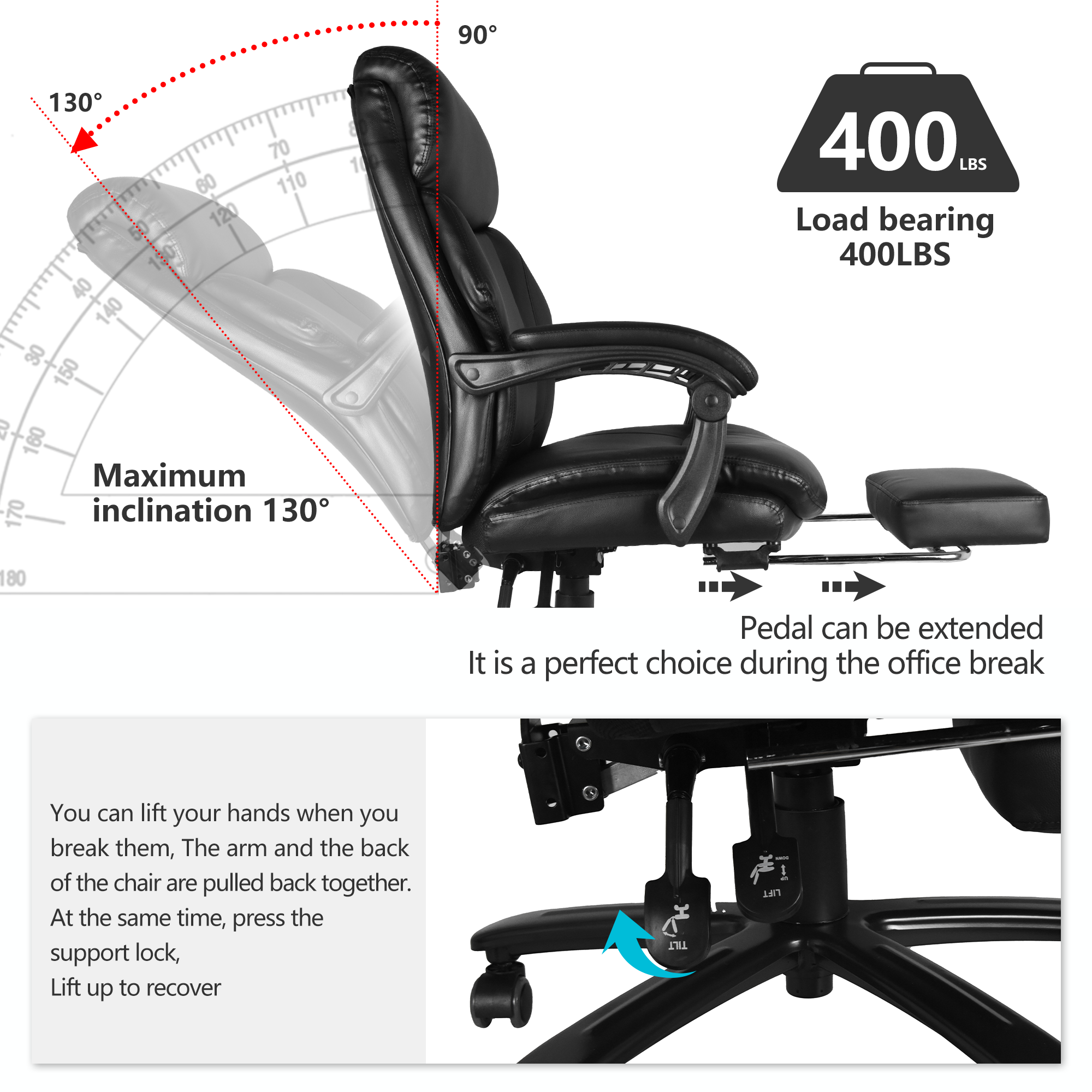 High Back Office  Chair with High Quality PU Leather, Soft Cushion and Footrest, Tilt Function Max 130°,400lbs,Black