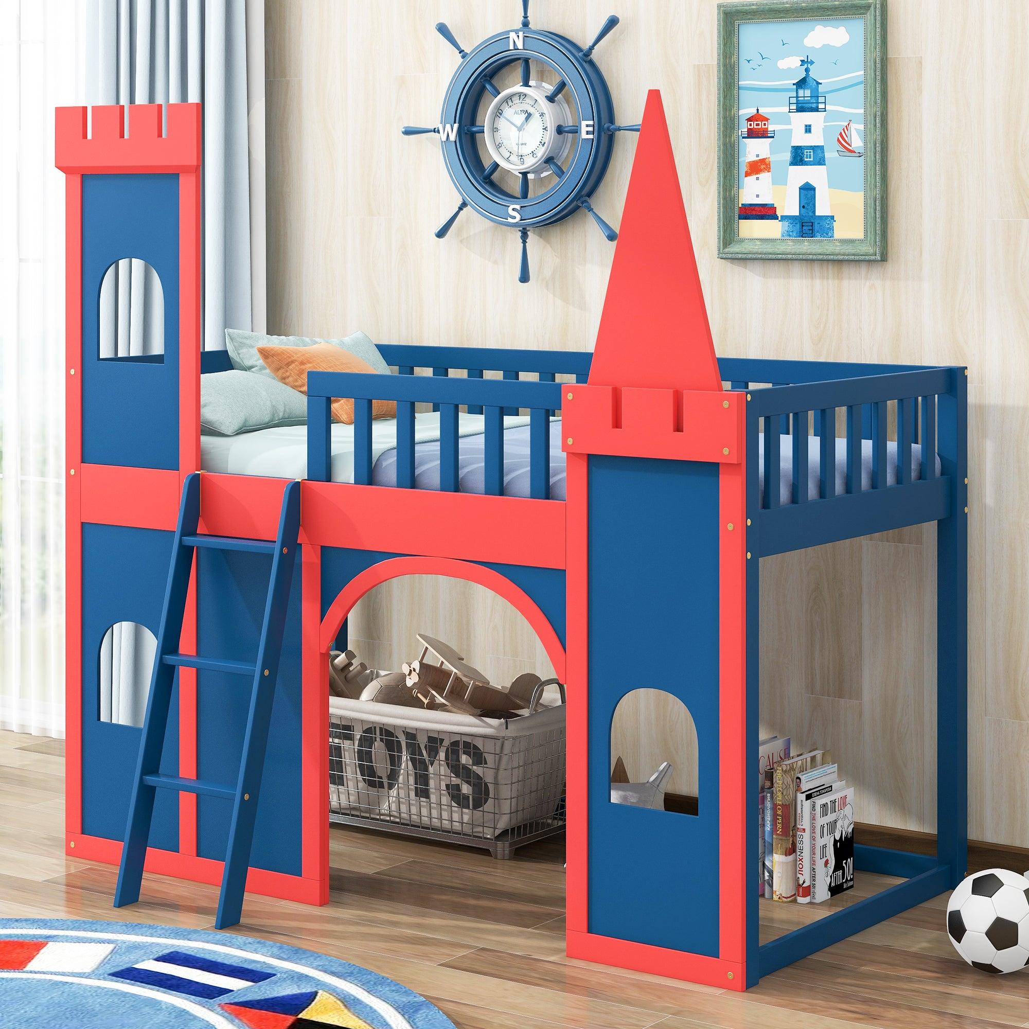 Twin Size Castle Shaped Loft Bed with UnderbedStorage Space,Red image