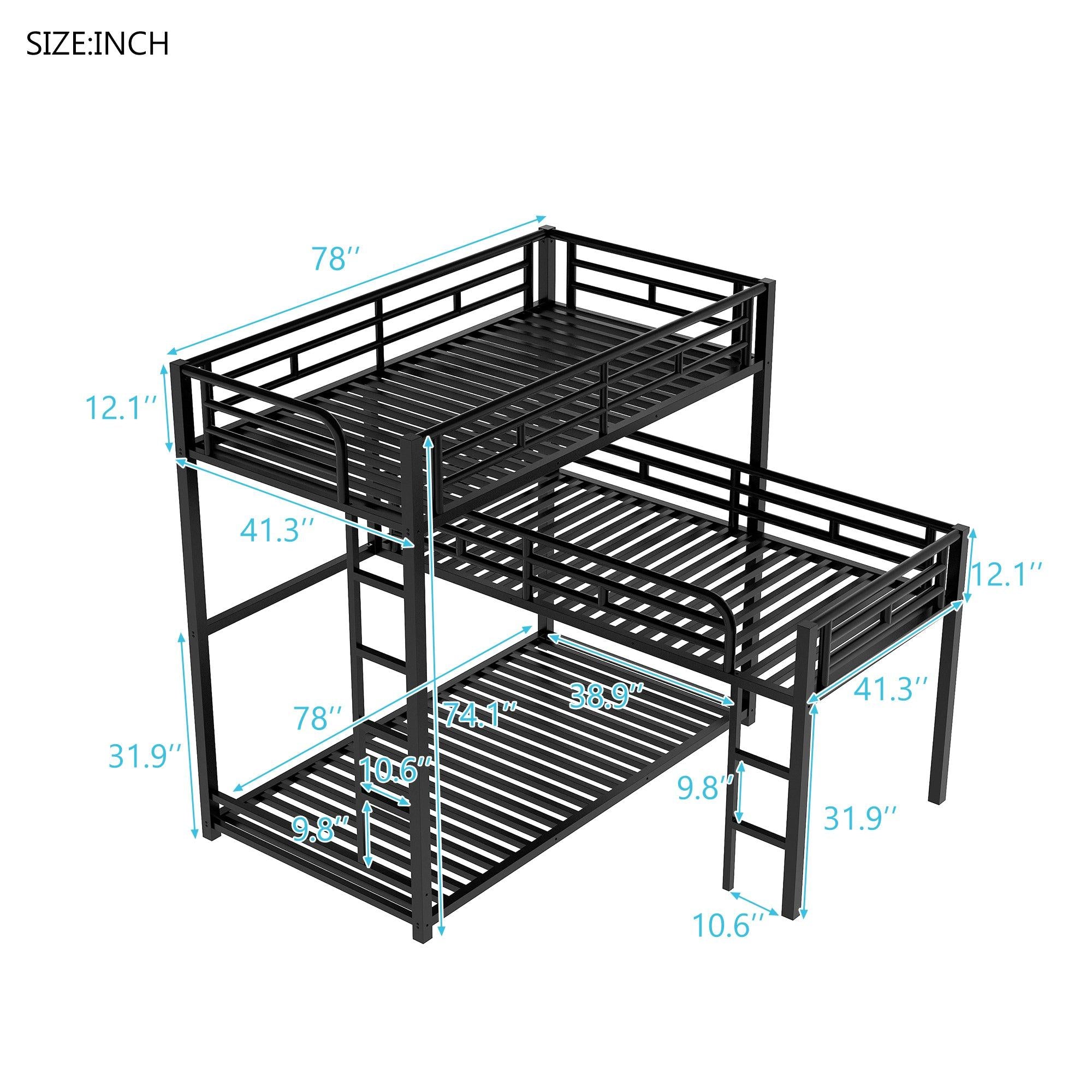 L-shaped Metal Triple Twin Size Bunk Bed, Black