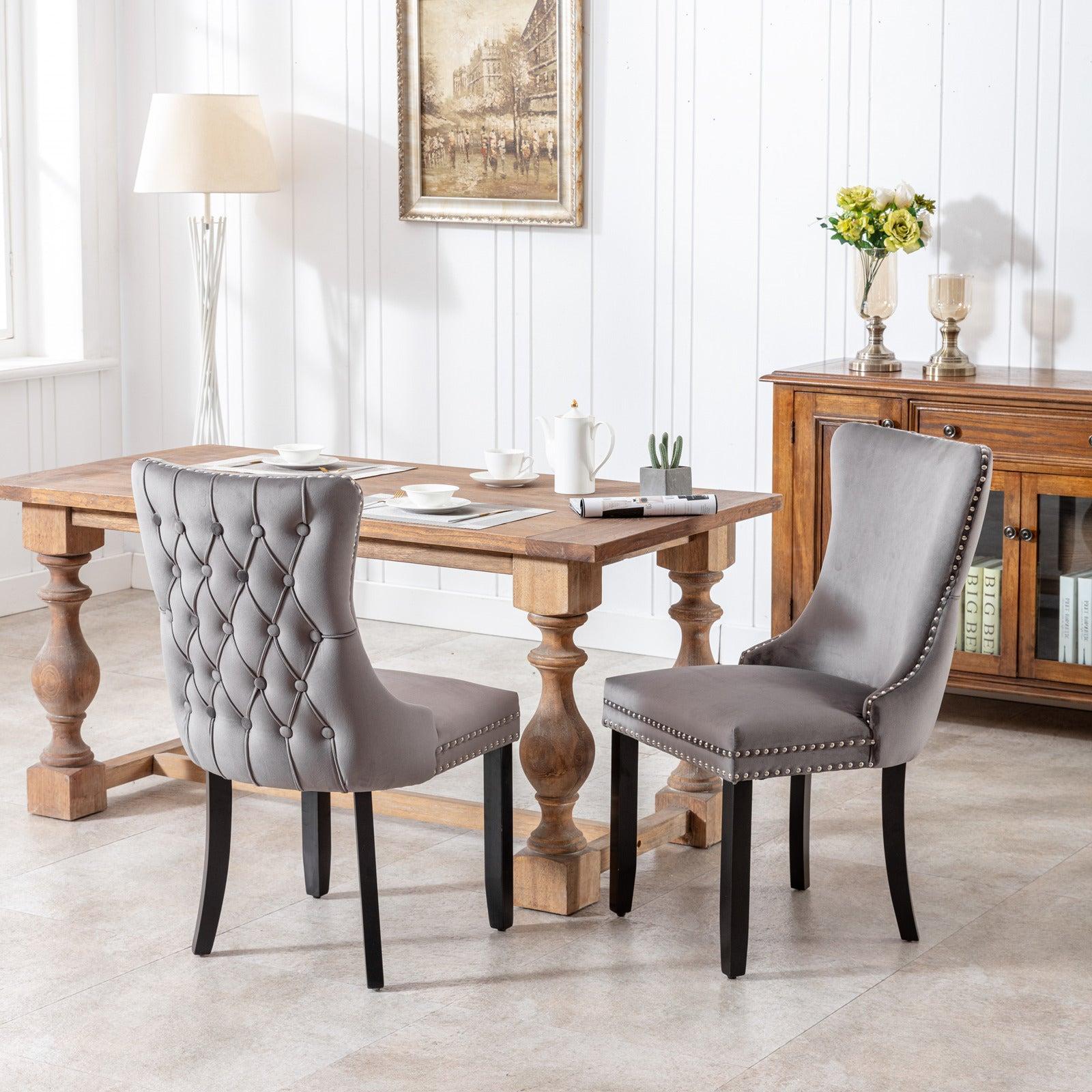 Upholstered Wing-Back Dining Chair with Backstitching Nailhead Trim and Solid Wood Legs,Set of 2, Gray