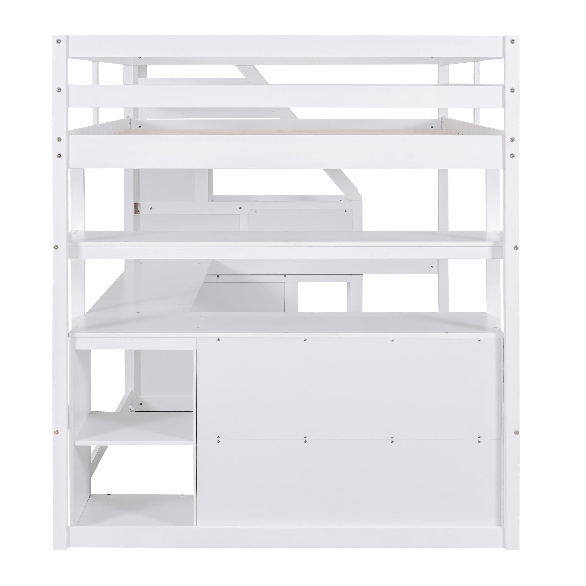 Full Size Loft Bed with Desk and Shelves, Two Built-in Drawers,Storage Staircase, White