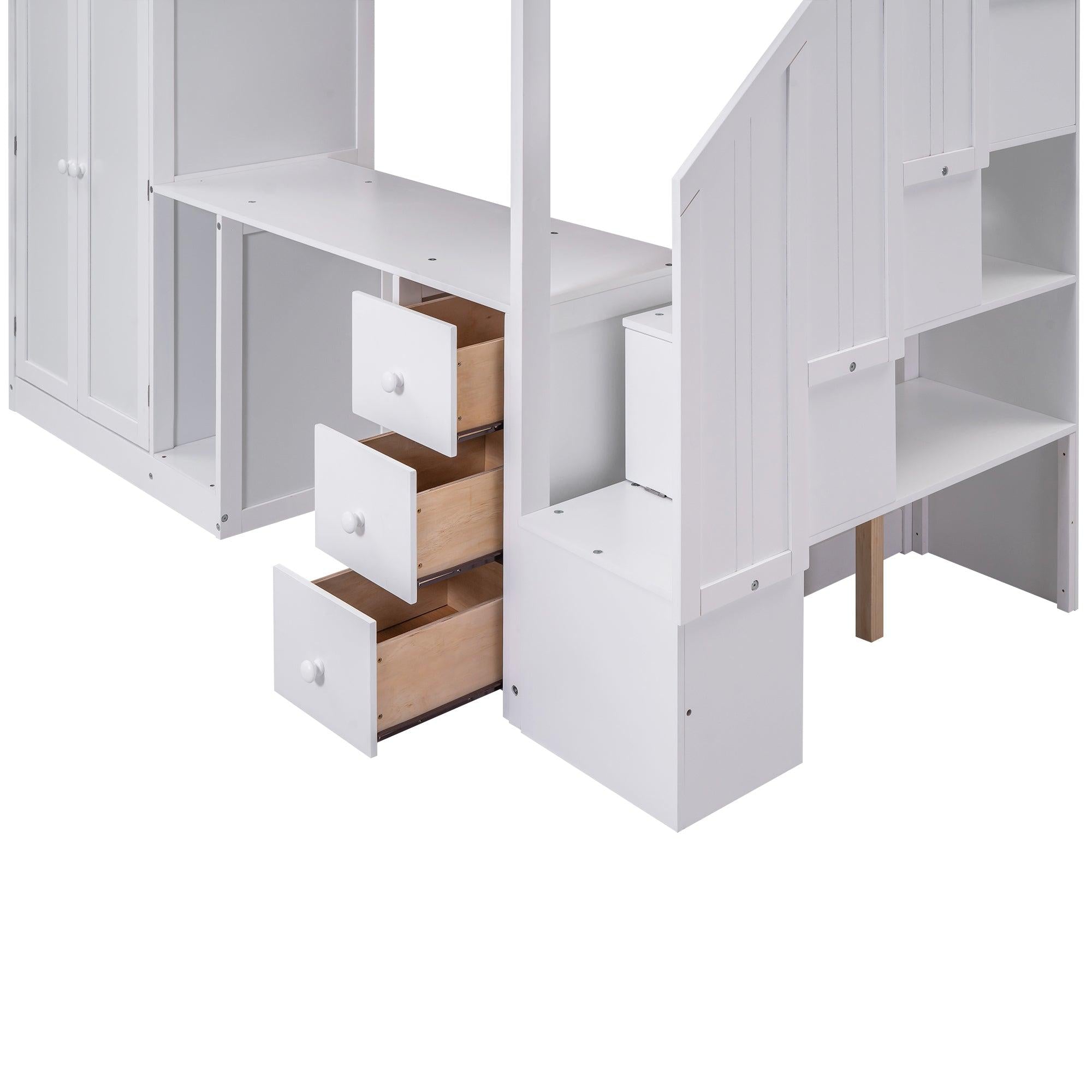 Twin Size Loft Bed with Wardrobe and Staircase, Desk andStorage Drawers and Cabinet in 1, White