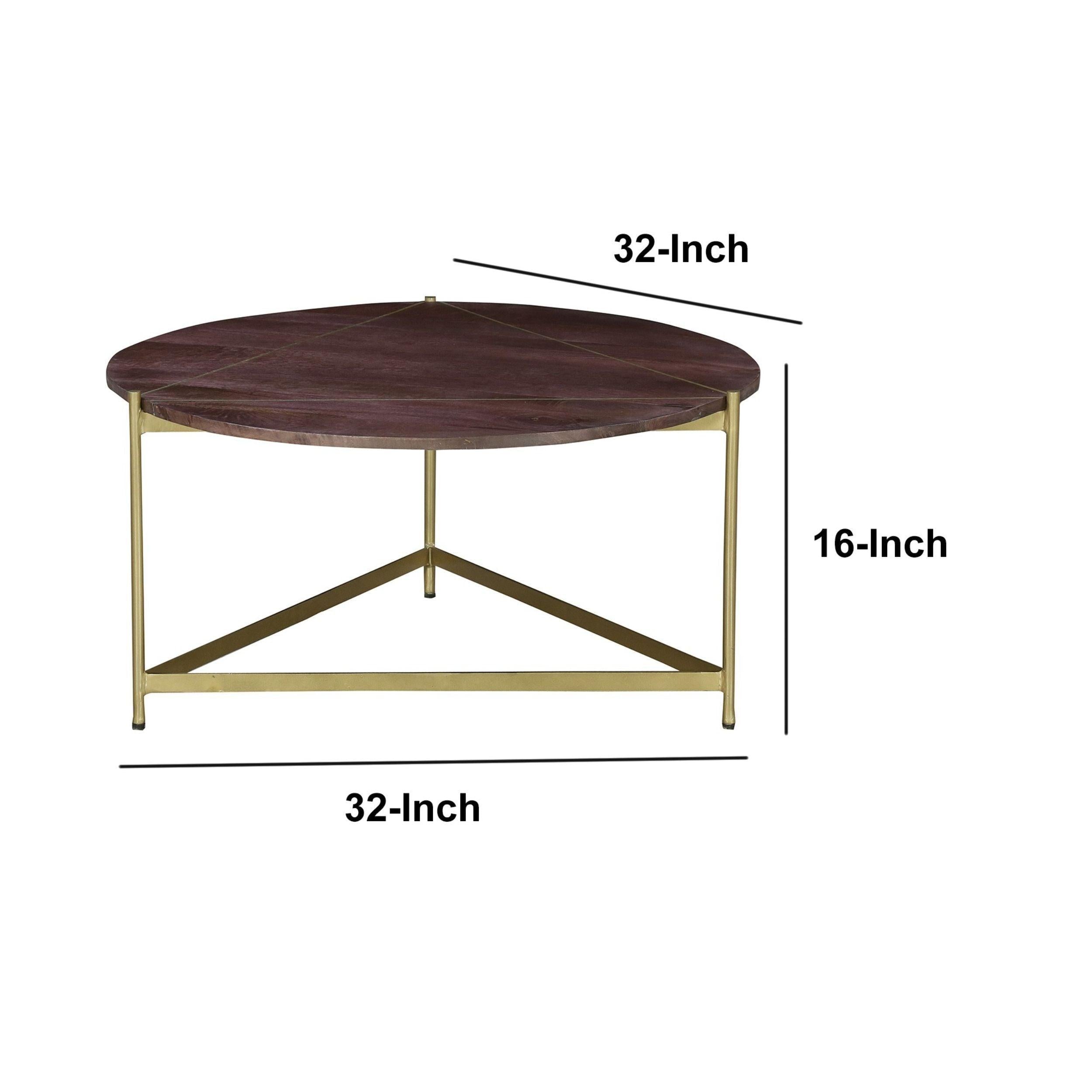 Ellis 32 Inch Round Wood Coffee Table with Brass Metal Base, Brown, Matte Gold