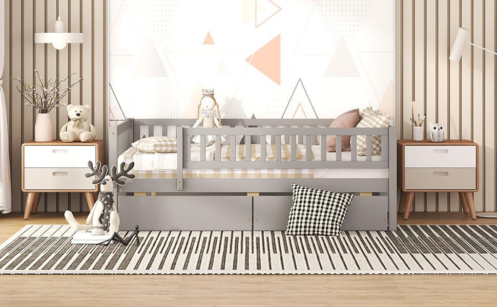 Full Size Daybed Wood Bed with Two Drawers, Gray