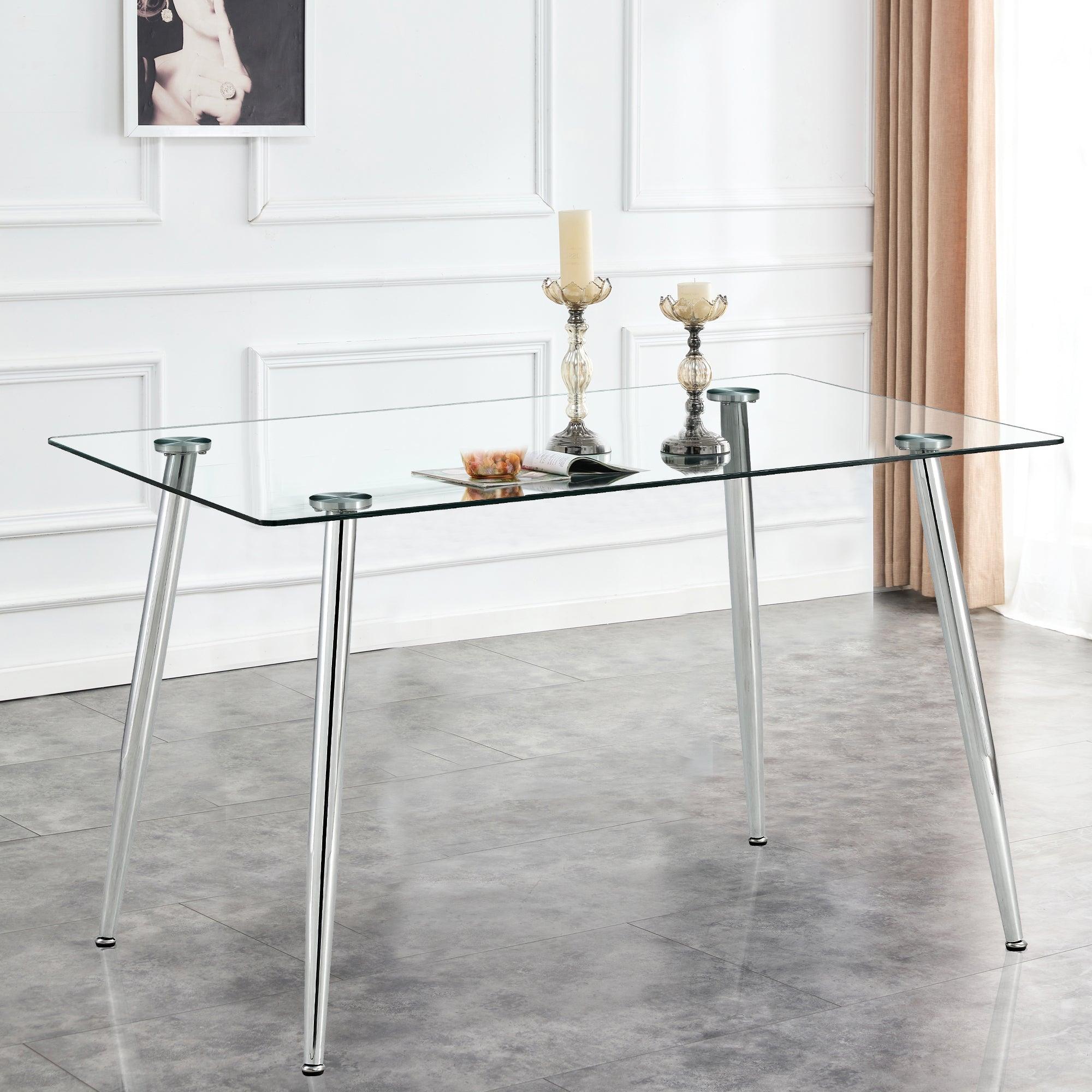 Modern Minimalist Rectangular Glass Dining Table for 4-6 with 0.31" Tempered Glass Tabletop and Silver Chrome Metal Legs, Writing Table Desk, for Kitchen Dining Living Room, 47" W x 29"D x 30" H image