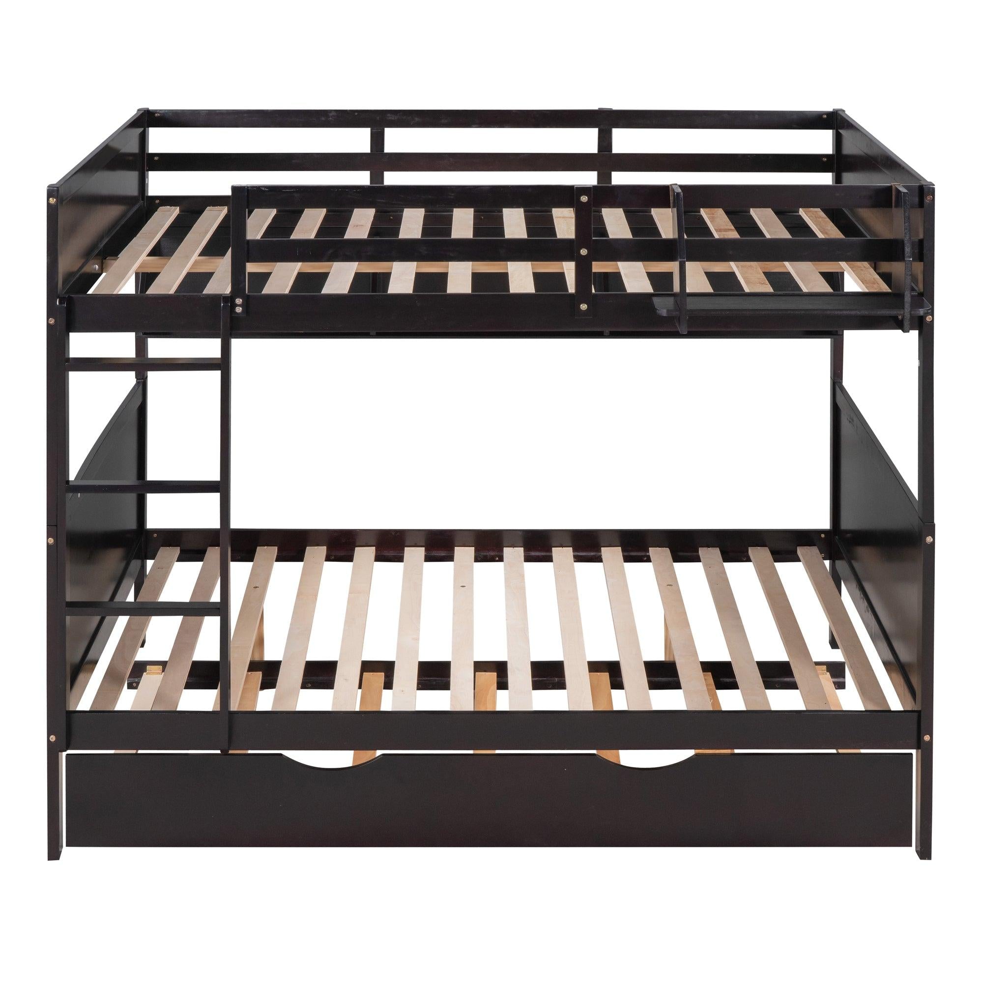 Full-Over-Full Bunk Bed with Twin size Trundle , Separable Bunk Bed with Bookshelf for Bedroom-Espresso