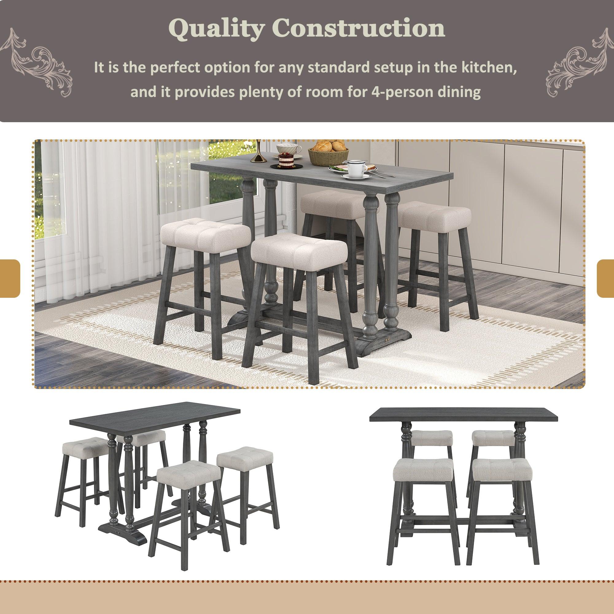 5-Piece Dining Table Set, Counter Height Dining Furniture with a Rustic Table and 4 Upholstered Stools for Kitchen, Dining Room (Gray)