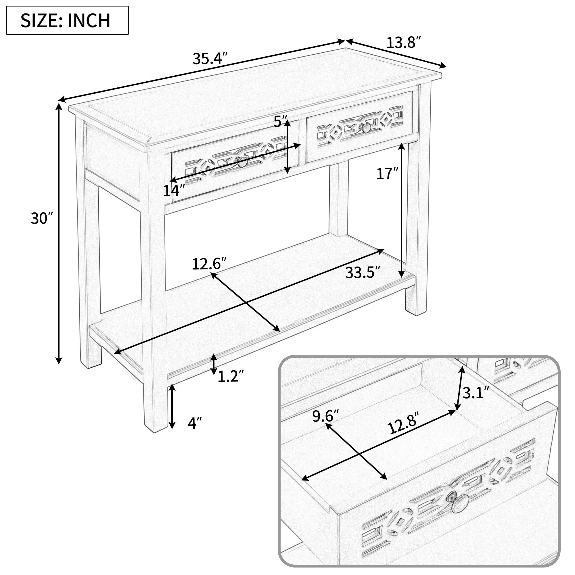 Classic Console Table with Hollow-out Decoration Two Top Drawers and Open Shelf LargeStorage Space (ld)