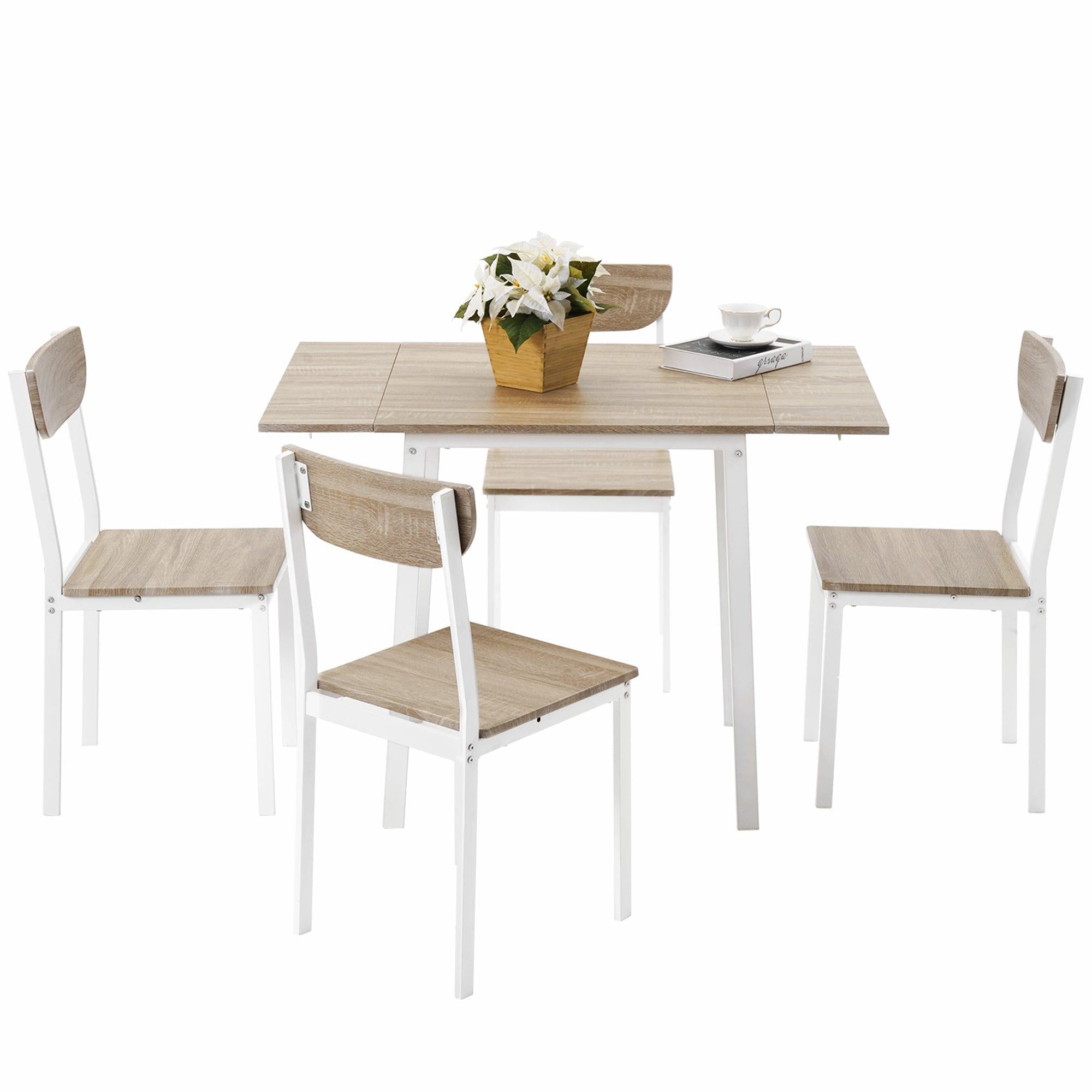 5-pieceModern Metal Dining Set with 1 Drop Leaf Dining Table and 4 chairs Home Kitchen Furniture Dinette Set (Oak Finish)