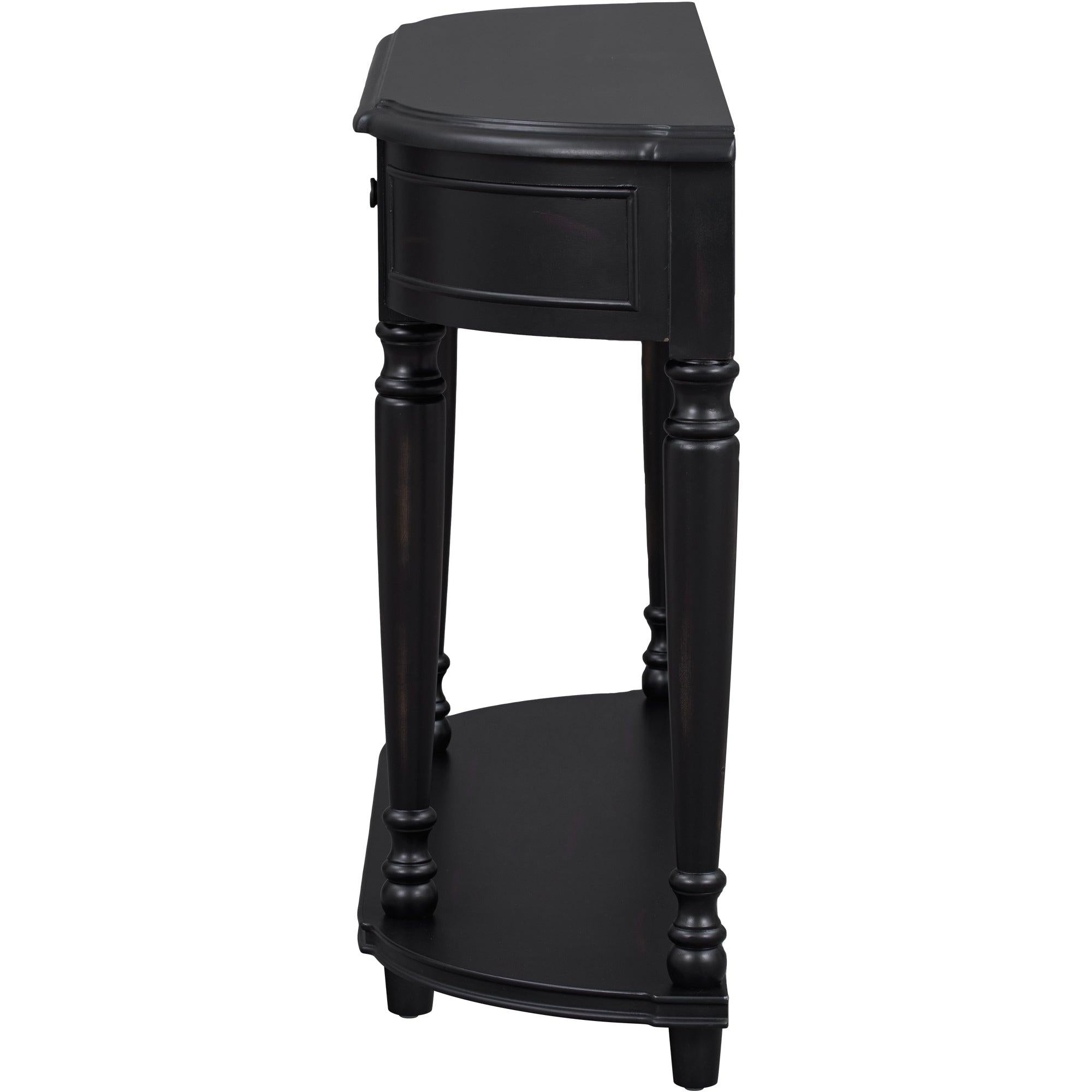 Retro Circular Curved Design Console Table with Open Style Shelf Solid Wooden Frame and Legs Two Top Drawers (Black)