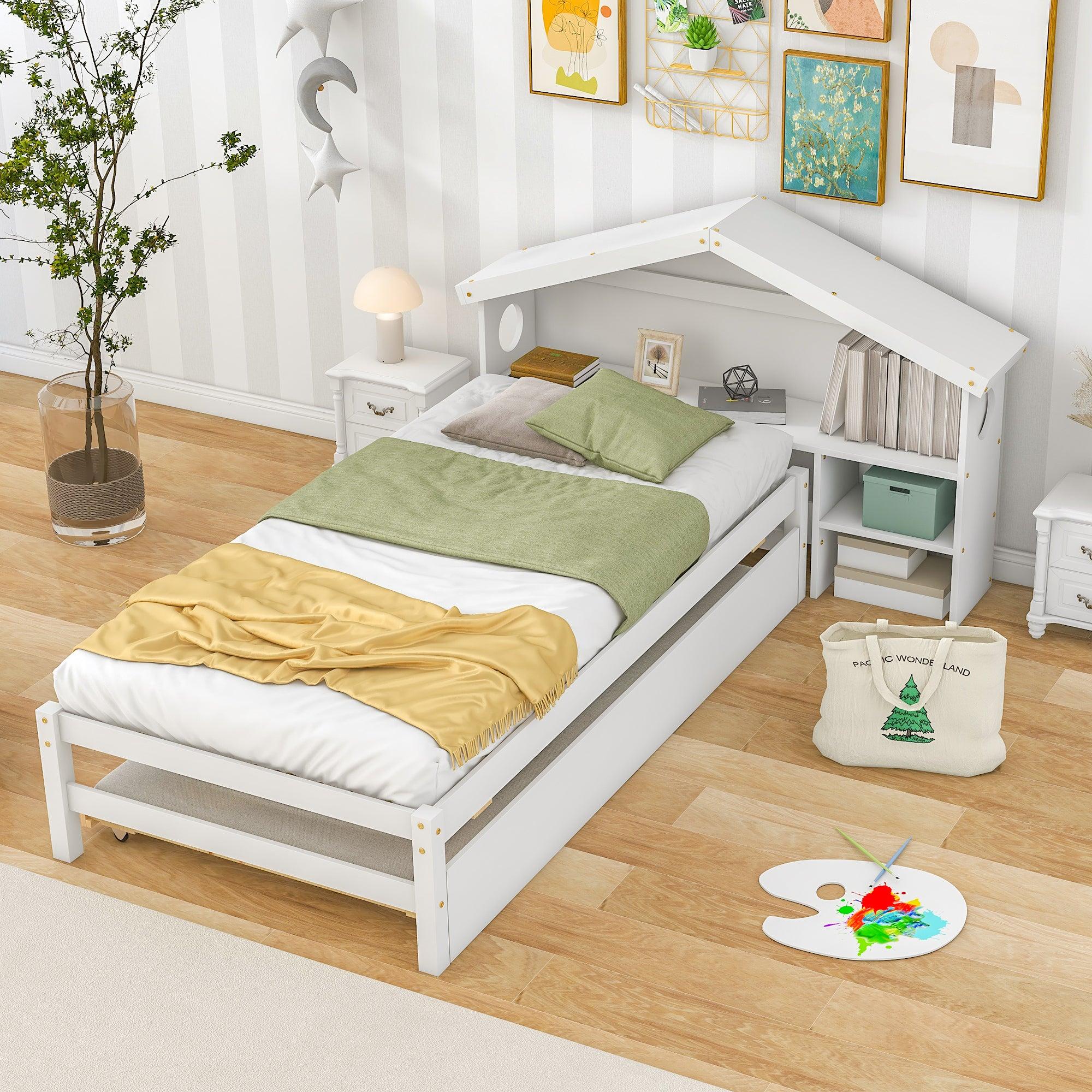 TwinStorage House Bed for kids with Bedside Table, Trundle, White