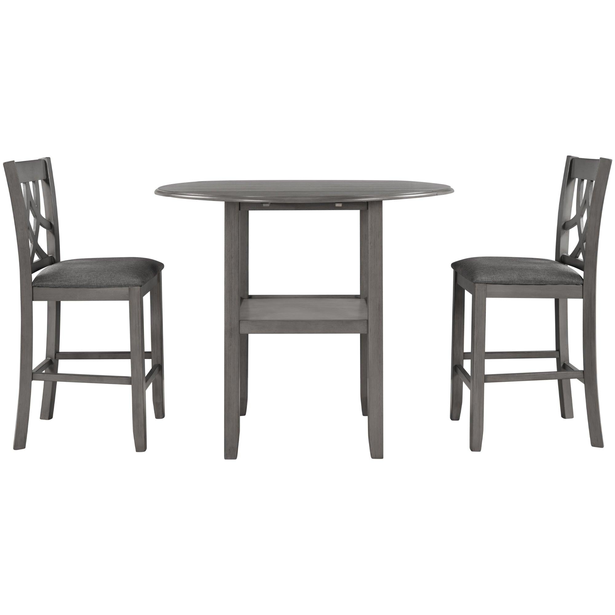 Farmhouse 3 Piece Round Counter Height Kitchen Dining Table Set with Drop Leaf Table, One Shelf and 2 Cross Back Padded Chairs for Small Places, Gray