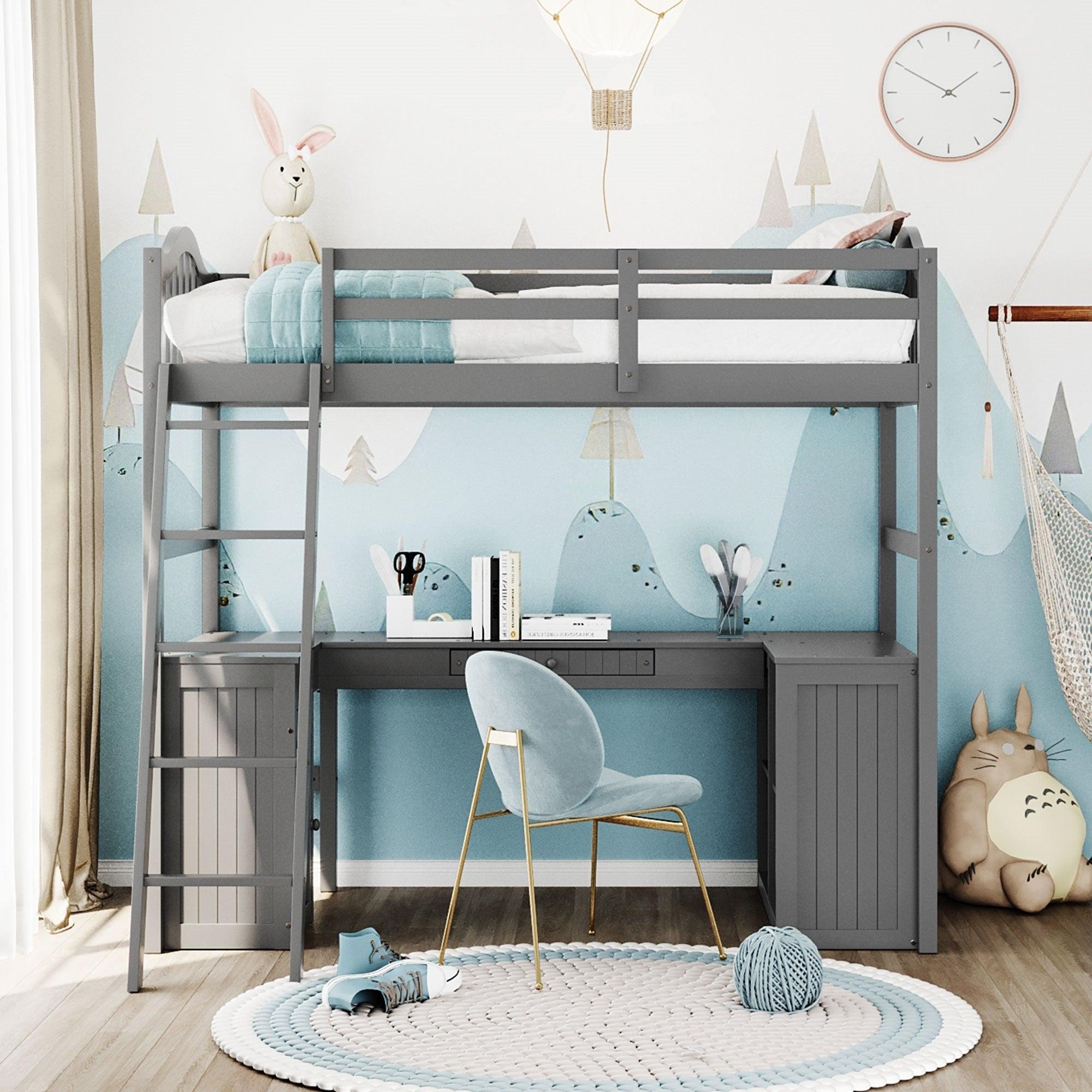 Twin size Loft Bed with Drawers, Cabinet, Shelves and Desk, Wooden Loft Bed with Desk - Gray