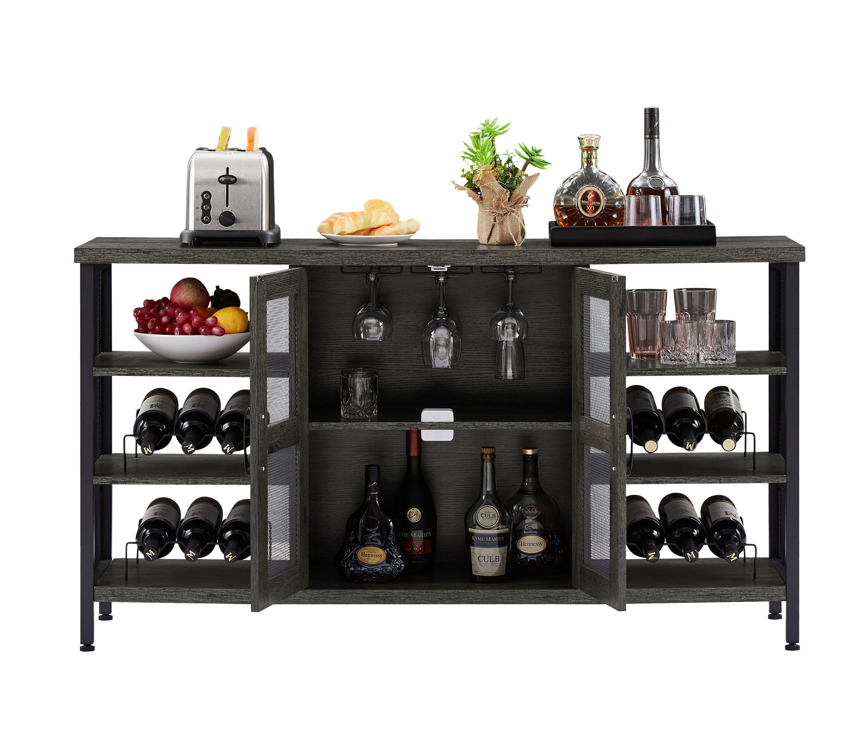 Industrial Wine Bar Cabinet, LiquorStorage Credenza, Sideboard with Wine Racks & Stemware Holder (Dark Grey, 55.12''w x 13.78''d x 30.31' ' h)