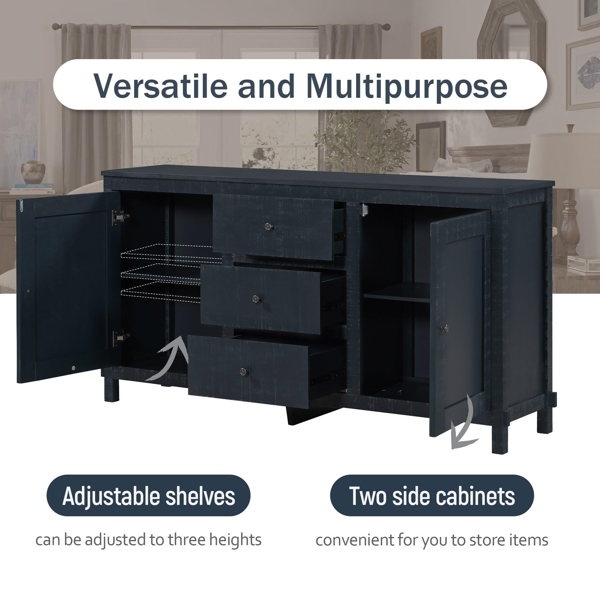 Retro Solid Wood Buffet Cabinet with 2Storage Cabinets, Adjustable Shelves and 3 Drawers for Living Room (Antique Black)