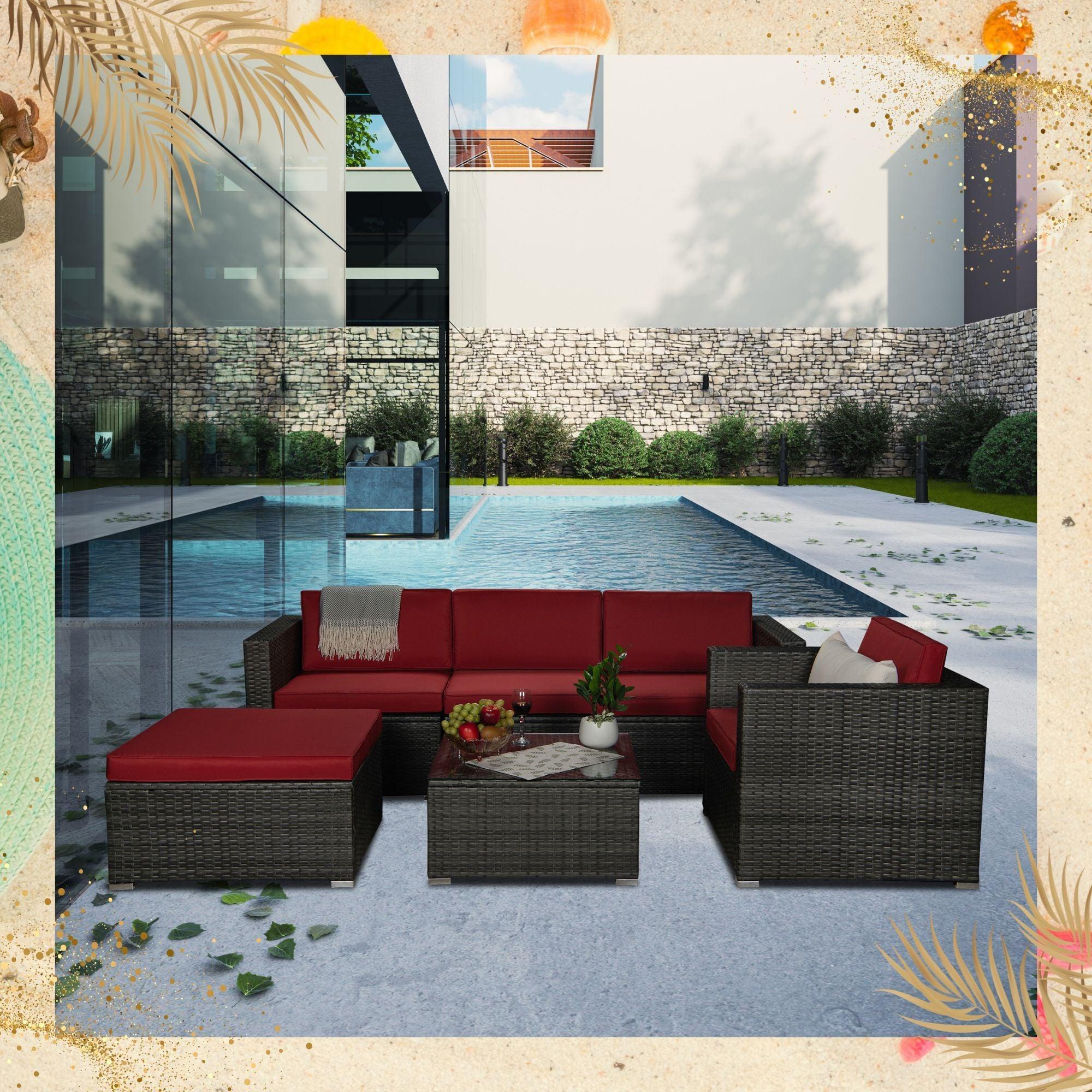 Outdoor Garden Patio Furniture 6-Piece Gray PE Rattan Wicker Sectional Red Cushioned Sofa Sets with 1 Beige Pillow image