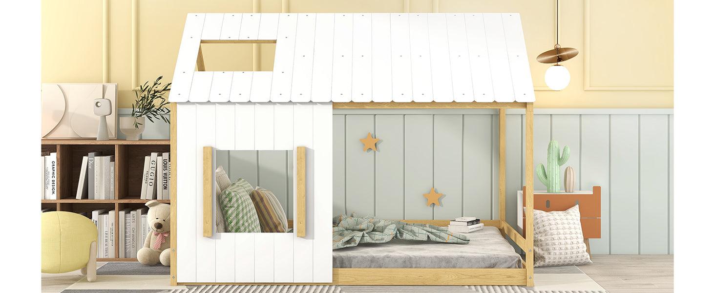 Full Size House Bed with Roof and Window - White+Natural