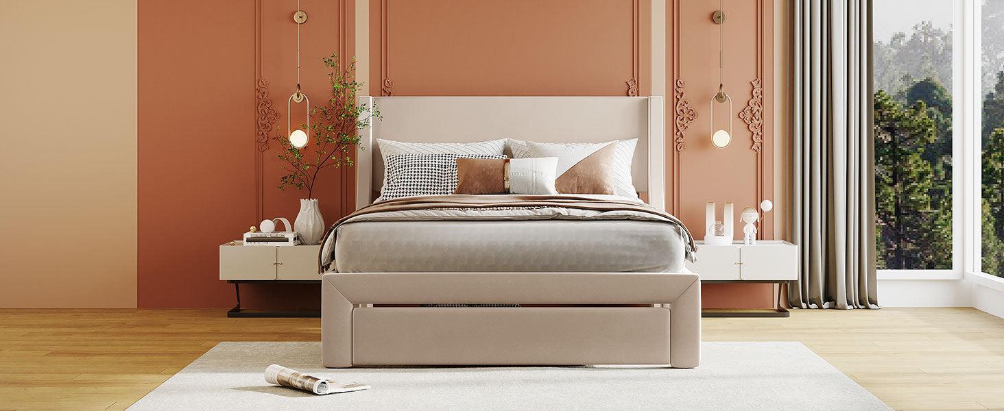 Full SizeStorage Bed Velvet Upholstered Platform Bed with a Big Drawer - Beige