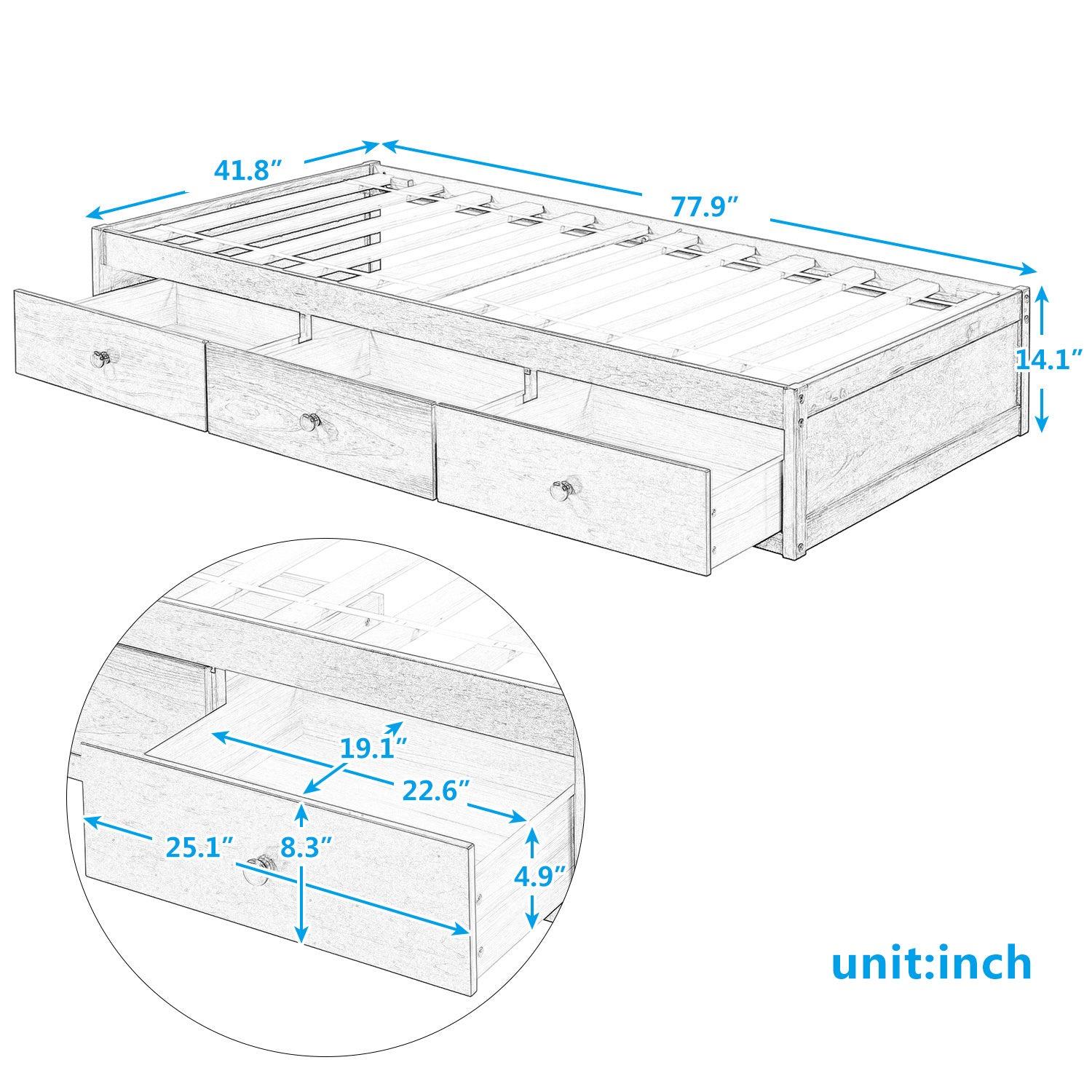 Twin Size PlatformStorage Bed with 3 Drawers,White