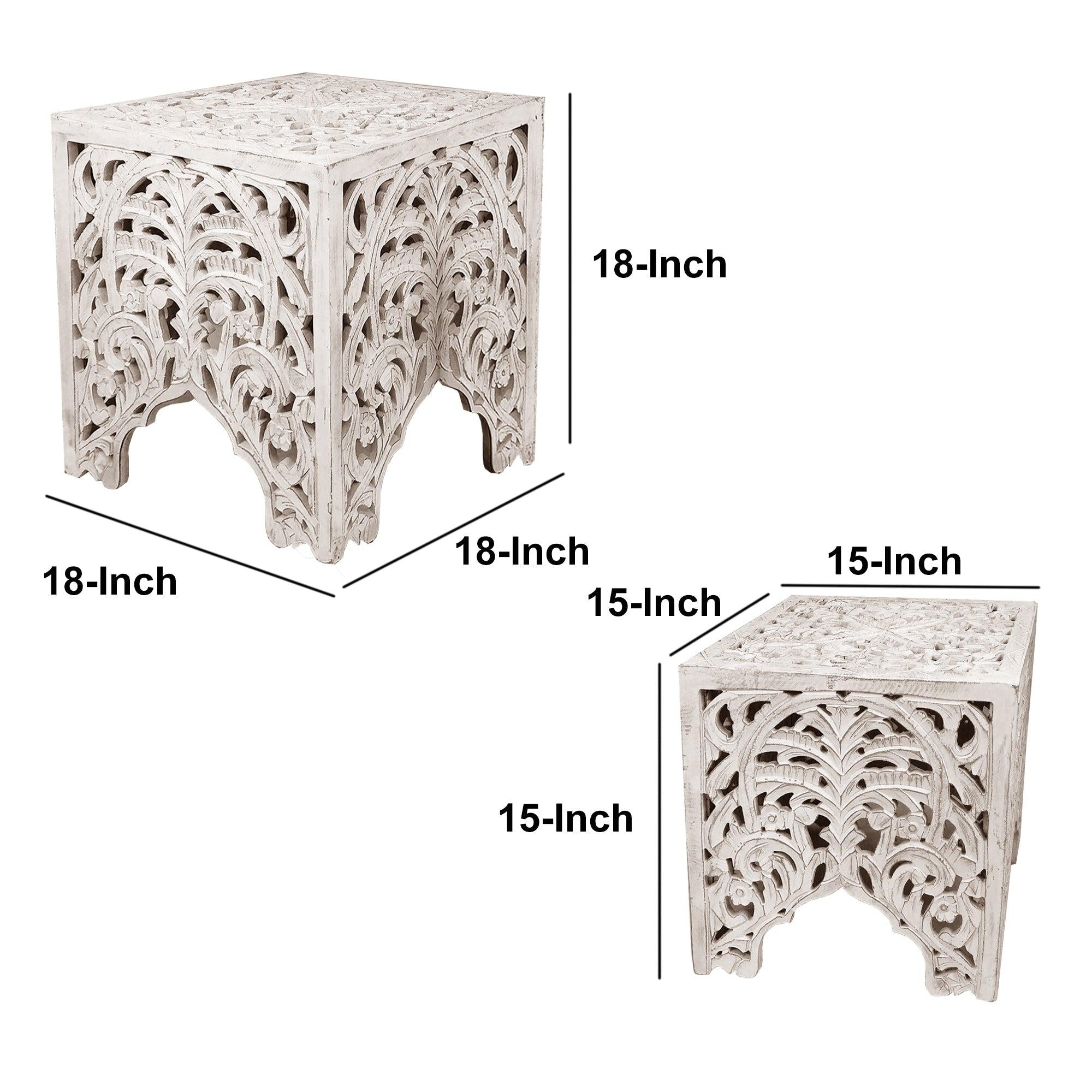 Wooden End Table with Floral Cut Out Design, Set of 2, Antique White