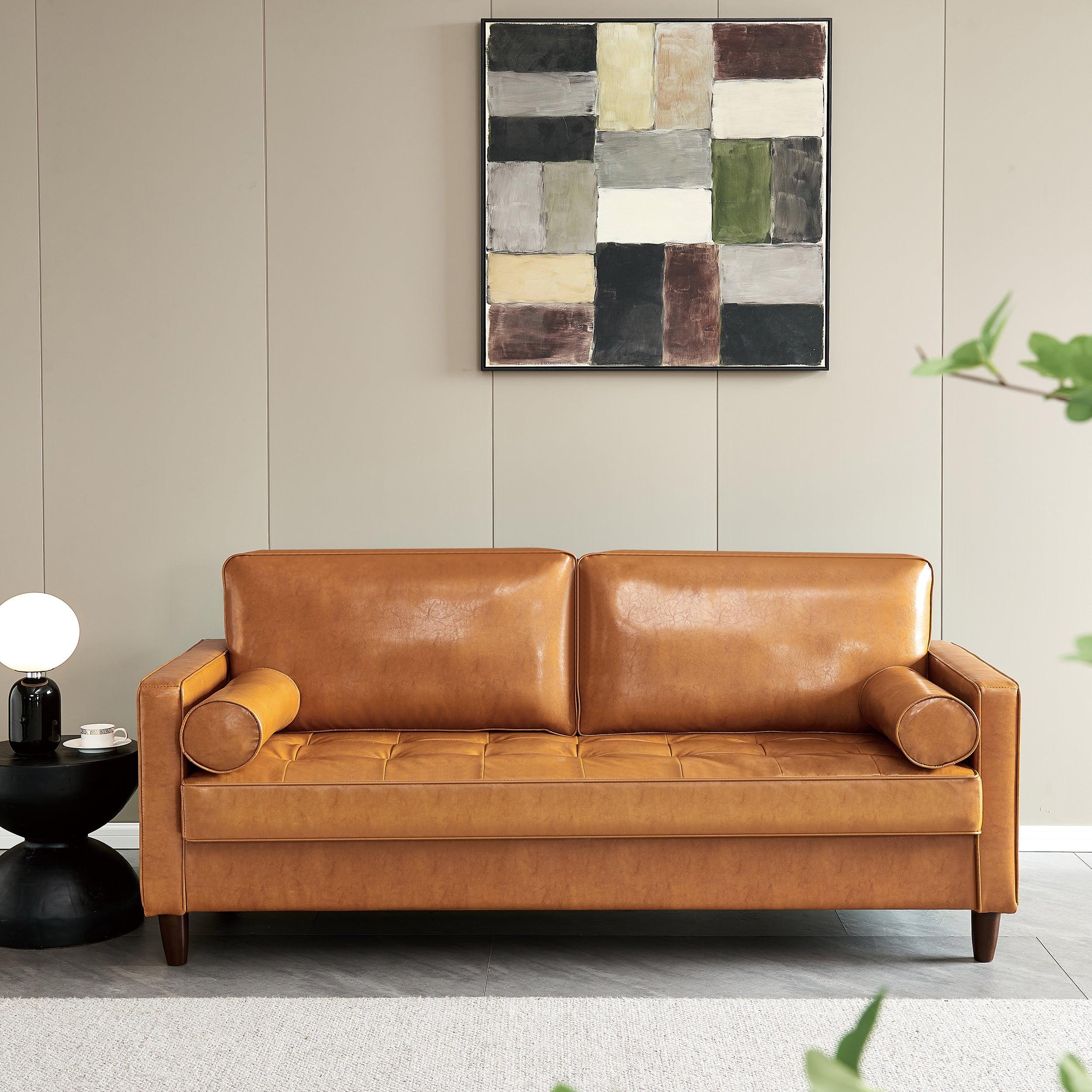 Modern Mid-Century Vegan Leather Sofa （Mocha） image