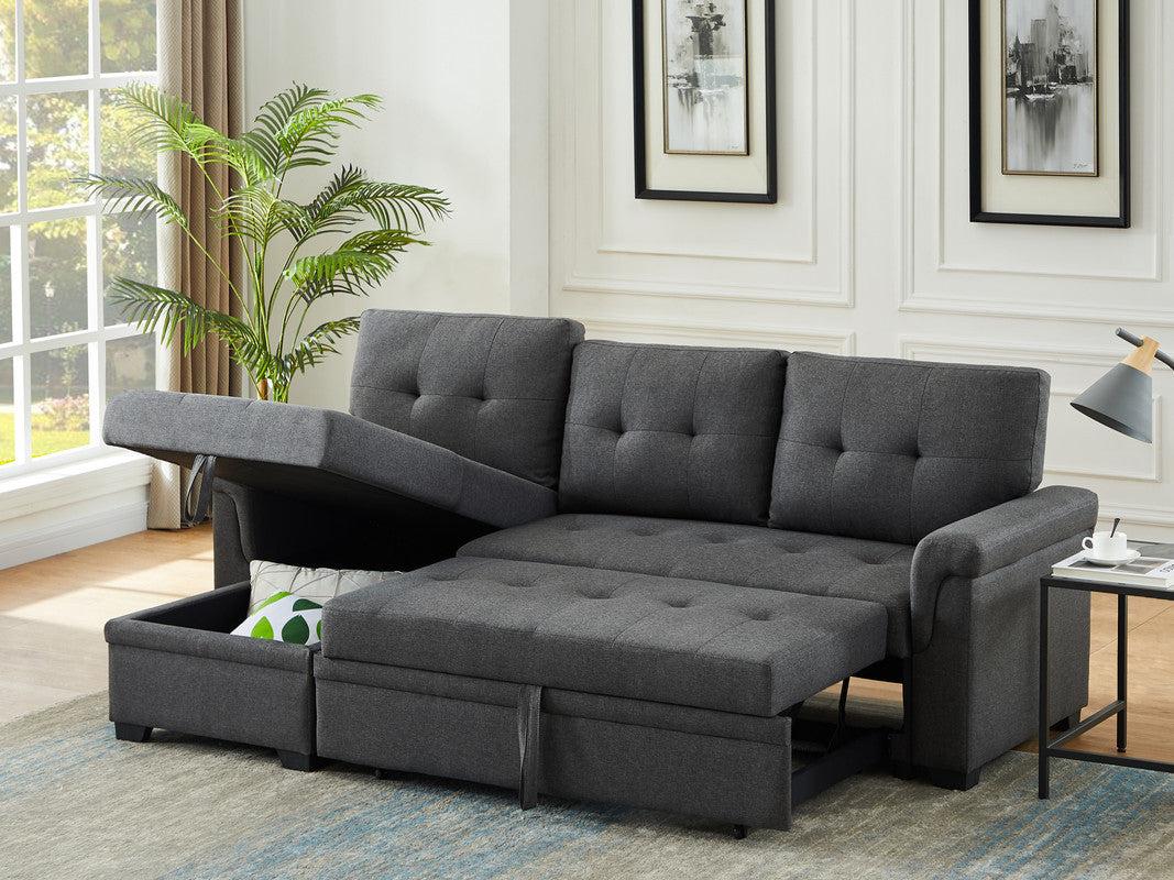 Lucca Dark Gray Linen Reversible Sleeper Sectional Sofa withStorage Chaise