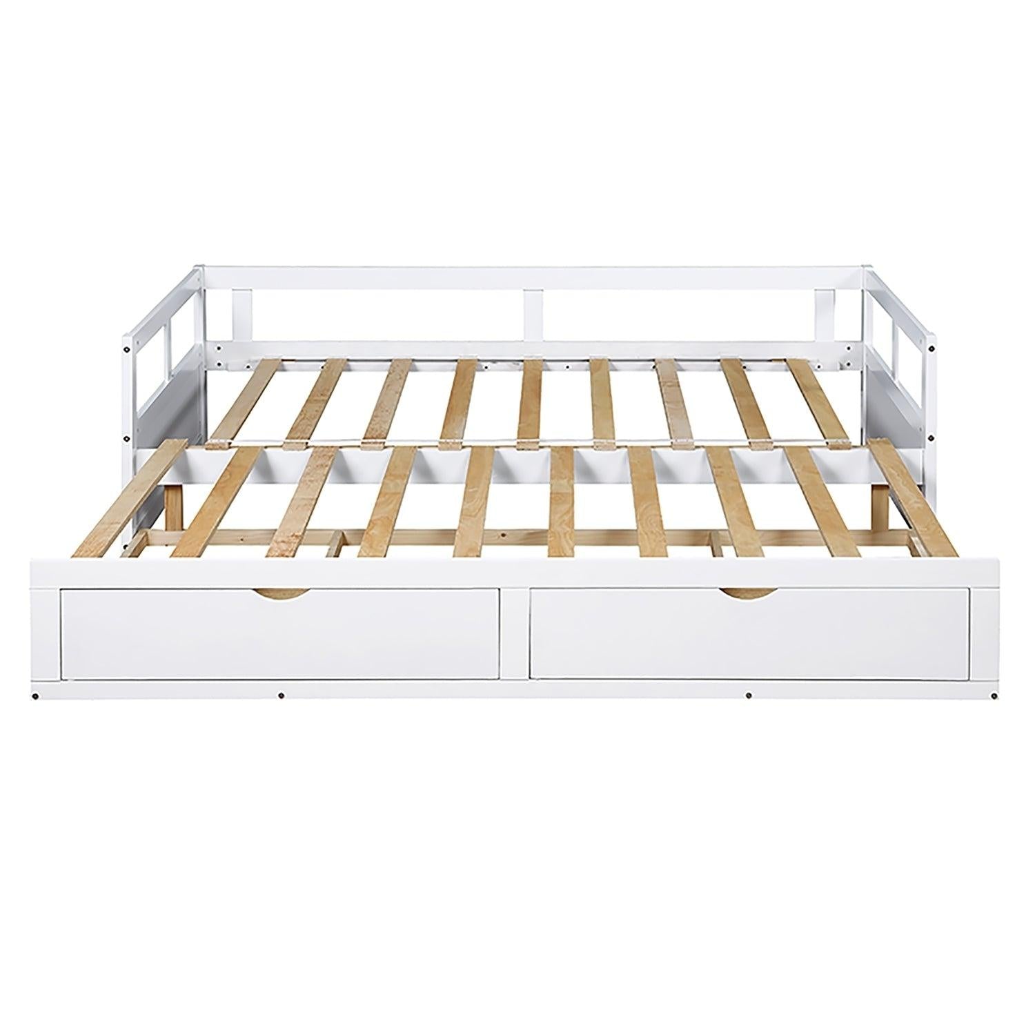 Wooden Daybed with Trundle Bed and TwoStorage Drawers , Extendable Bed Daybed,Sofa Bed for Bedroom Living Room,White