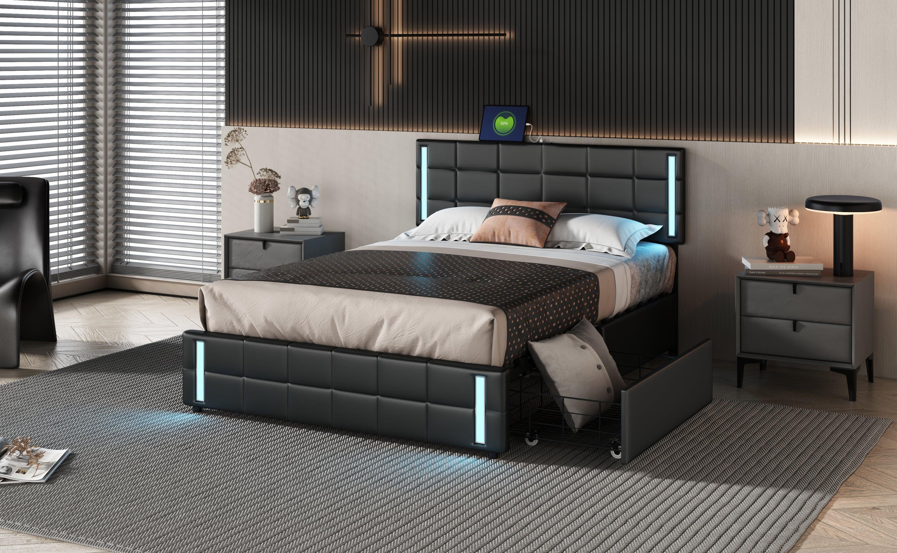 Queen Size Upholstered Platform Bed with LED Lights and USB Charging,Storage Bed with 4 Drawers, Black