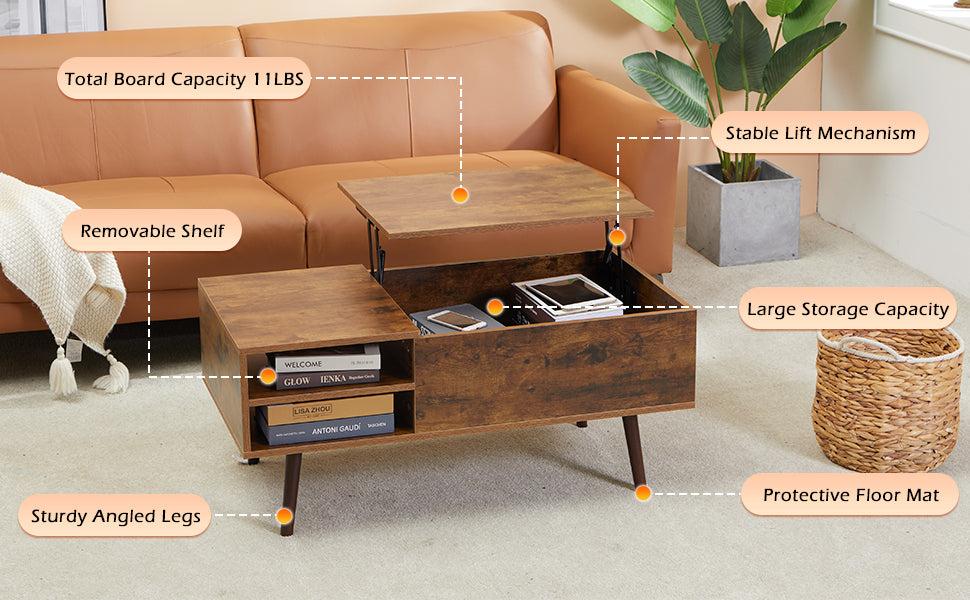 39.4 Inch Lift Top Coffee Table withStorage Shelf and Hidden Compartment, Wooden Rising Coffee Tabletop Computer Table for Living Room and Reception Room