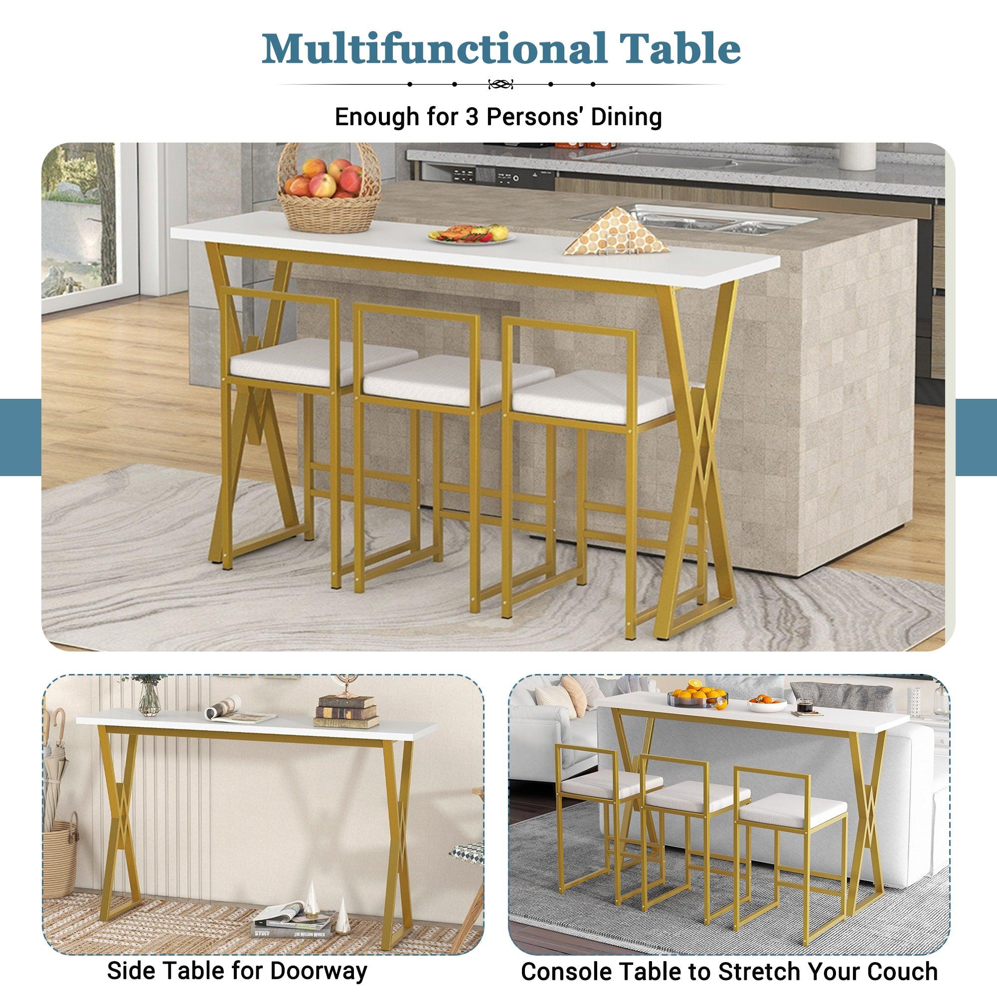 Modern 4-Piece Counter Height Extra Long Console Bar Dining Table Set with 3 Padded Stools for Small Places, ld