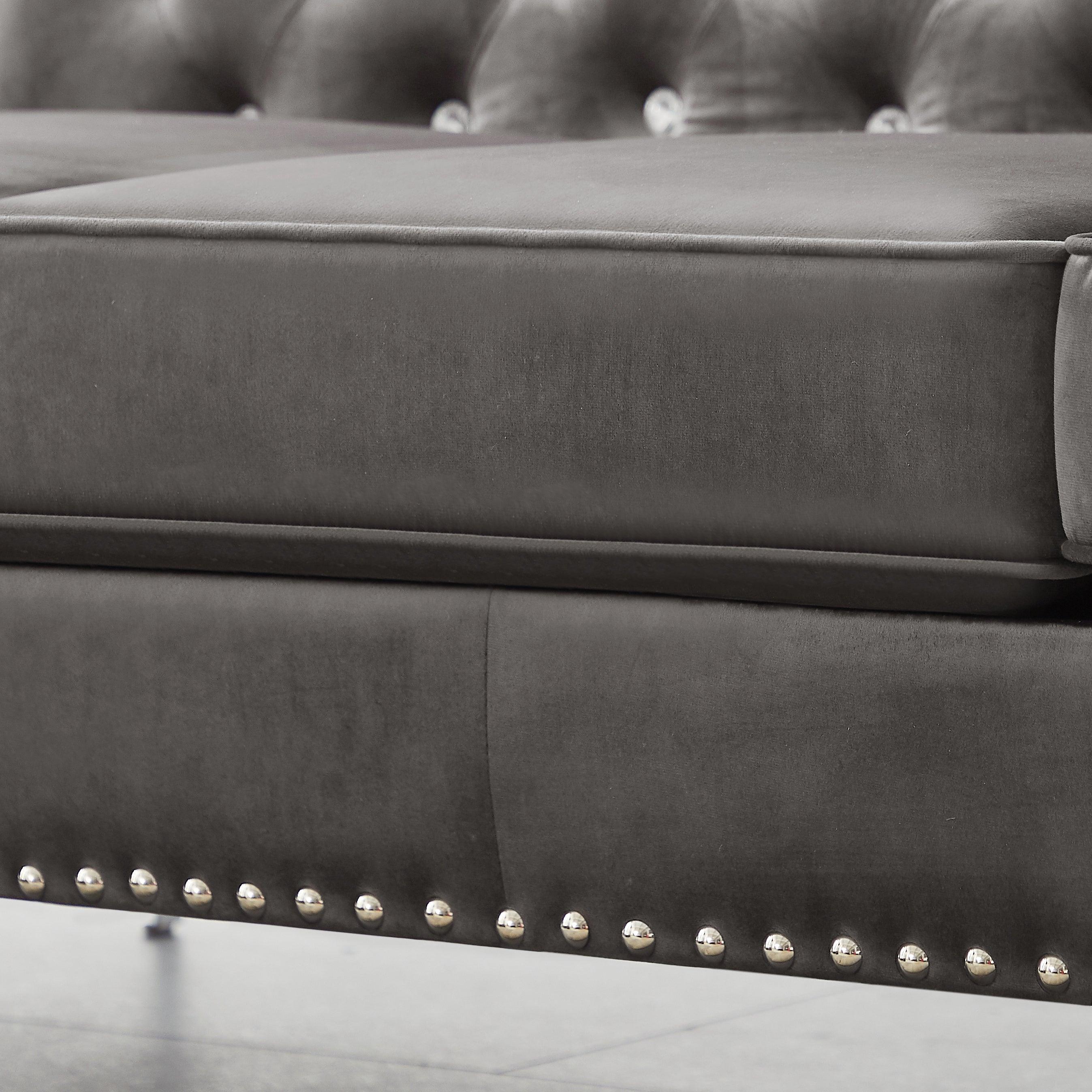 82.3" WidthModern Velvet Sofa Jeweled Buttons Tufted Square Arm Couch Grey,2 Pillows Included