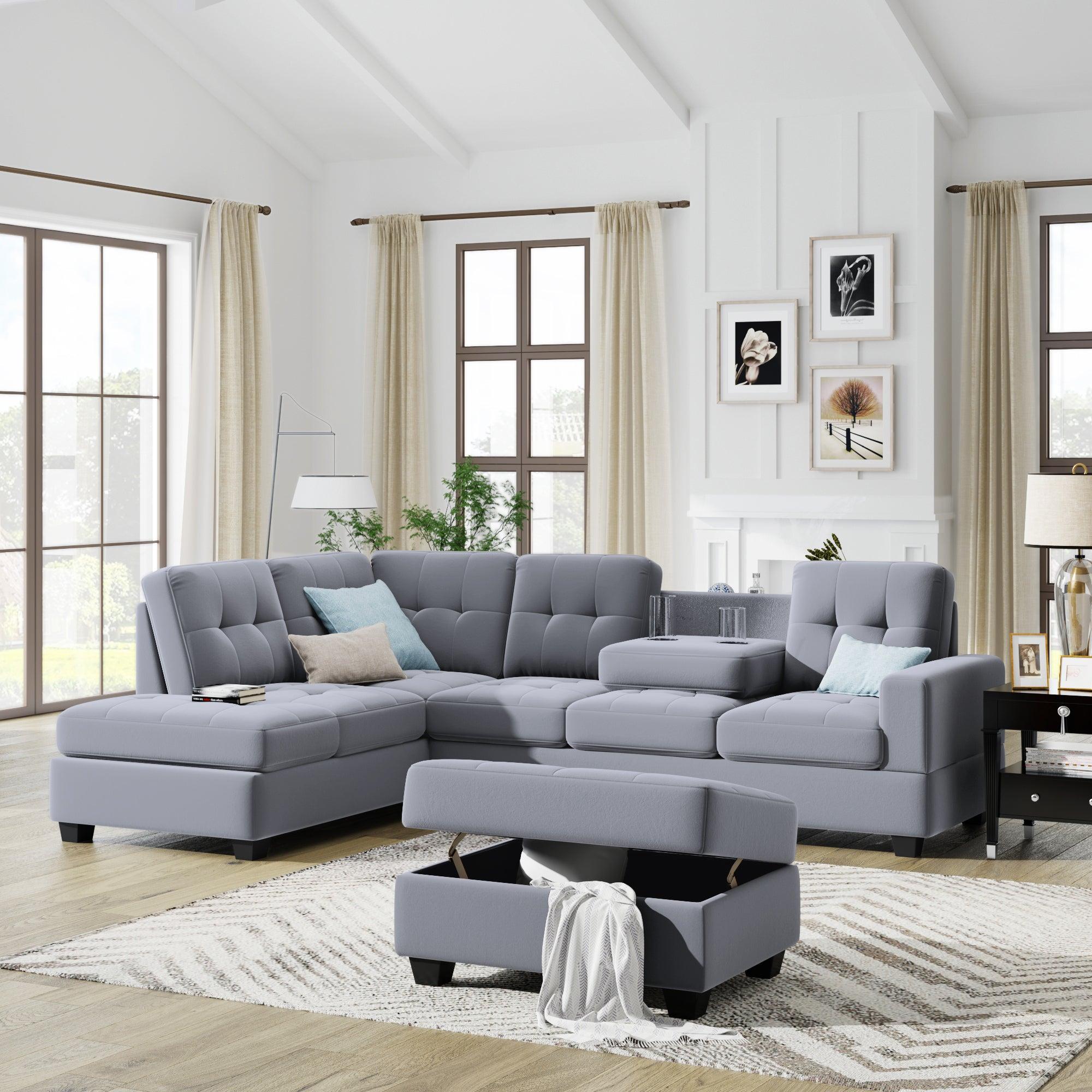 Sectional Sofa with Reversible Chaise Lounge, L-Shaped Couch withStorage Ottoman and Cup Holders