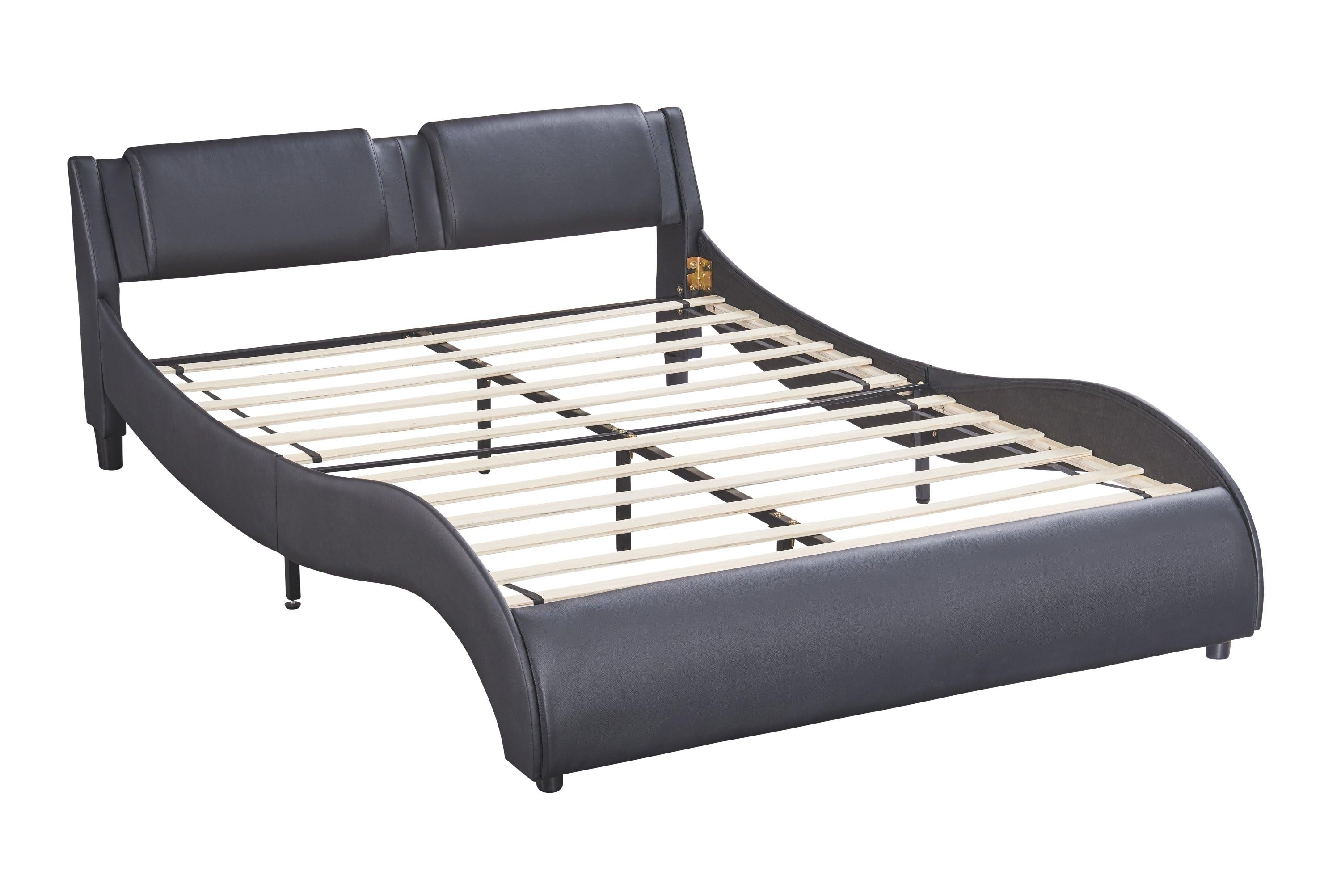 Queen Size Upholstered Faux Leather Platform Bed with LED Light Bed Frame with Slatted - Black