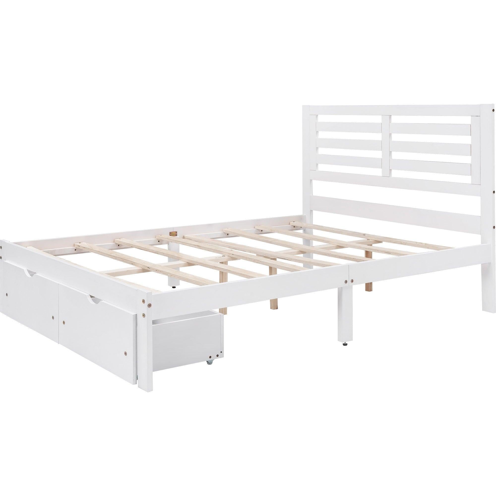 Full Size Platform Bed with Drawers, White