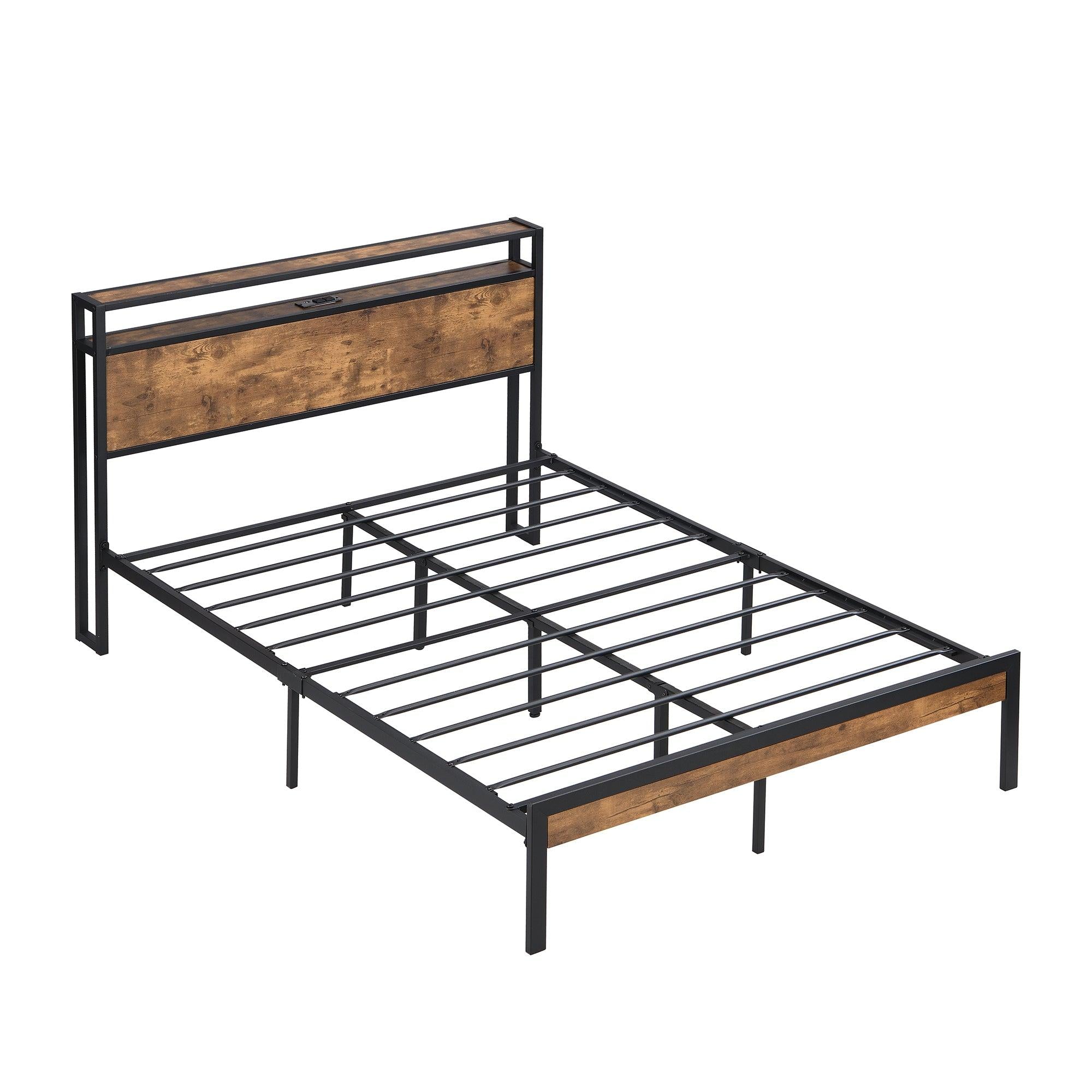 Full Size Metal Platform Bed Frame with Wooden Headboard and Footboard with USB LINER, No Box Spring Needed, Large Under BedStorage, Easy Assemble