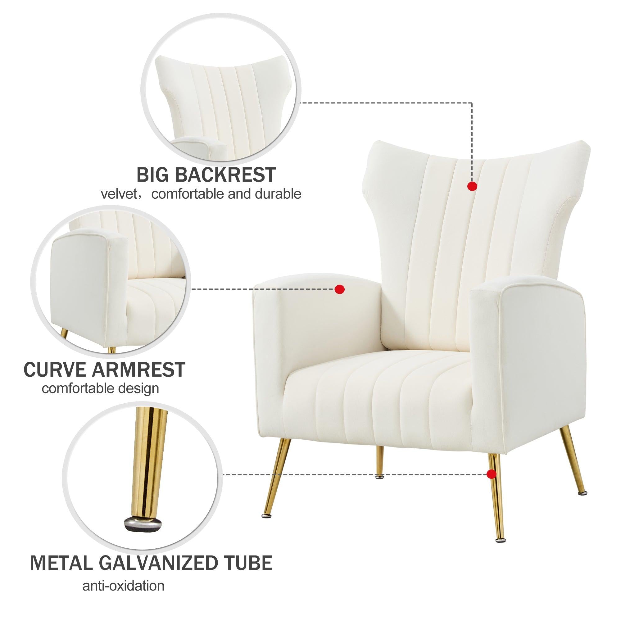 Modern Velvet Accent Chair with Arms, Wingback Reading Chair with Gold Metal Legs, Comfy Upholstered Single Leisure Sofa for Living Room Bedroom Club(Velvet+White)